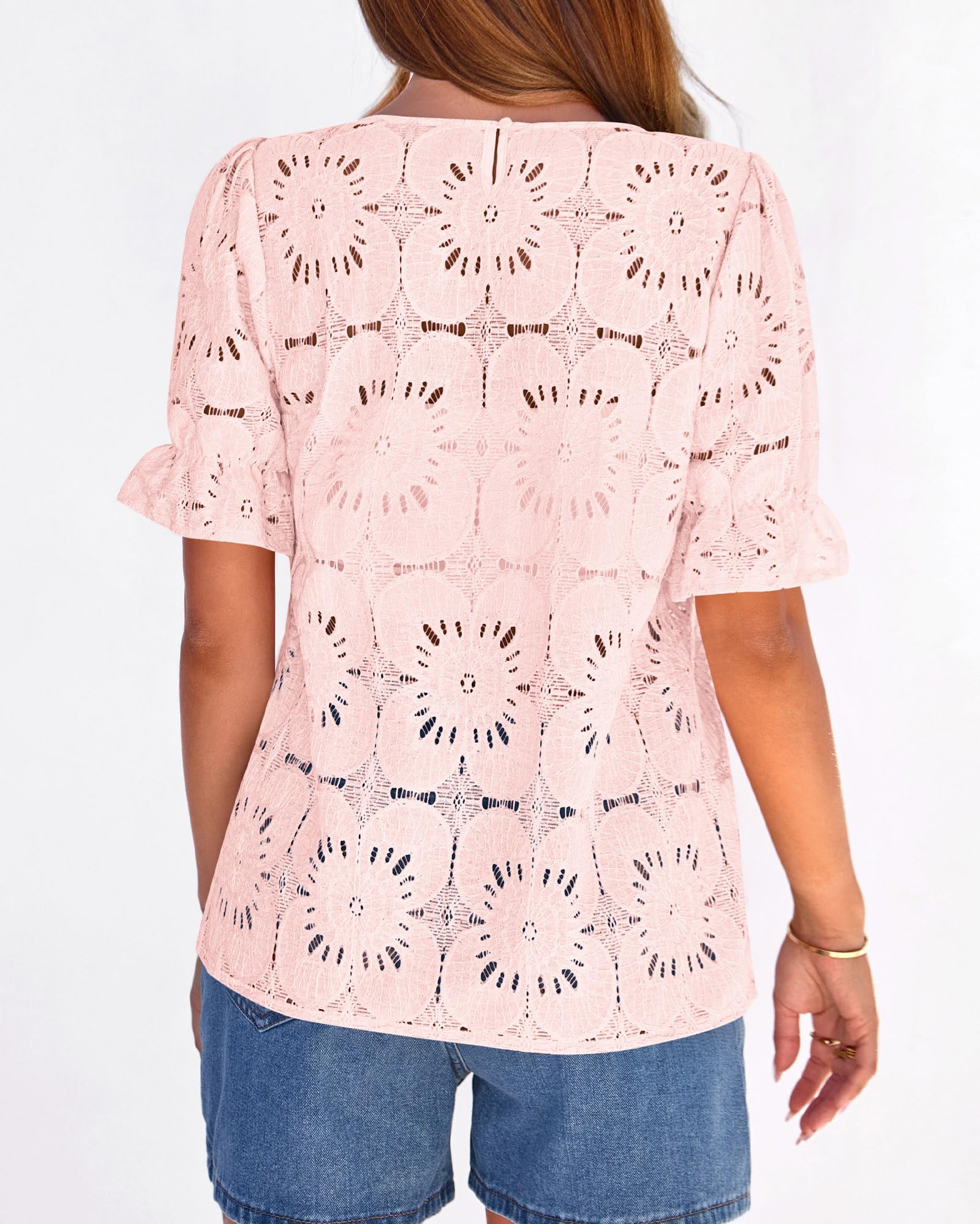 FreshPretty Lace Tops for Women Blouses Dressy Casual Boho Eyelet Puff Short Sleeve Shirts Spring Summer Clothes Vacation Outfits
