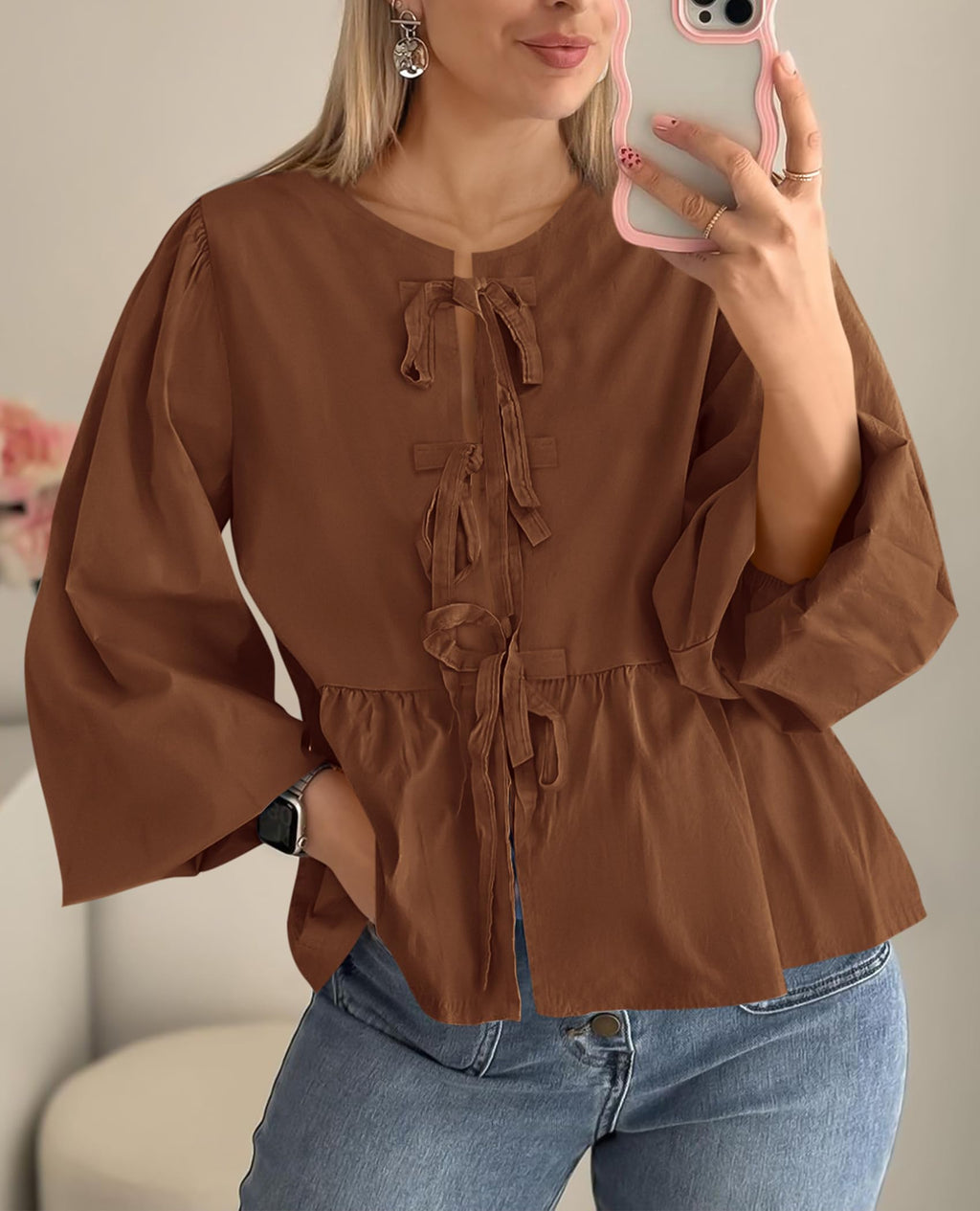 PRETTYGARDEN Women's Spring Fall Babydoll Peplum Blouse Shirt Puff Long Sleeve Bow Tie Front Trendy Cute Y2K Going Out Tops