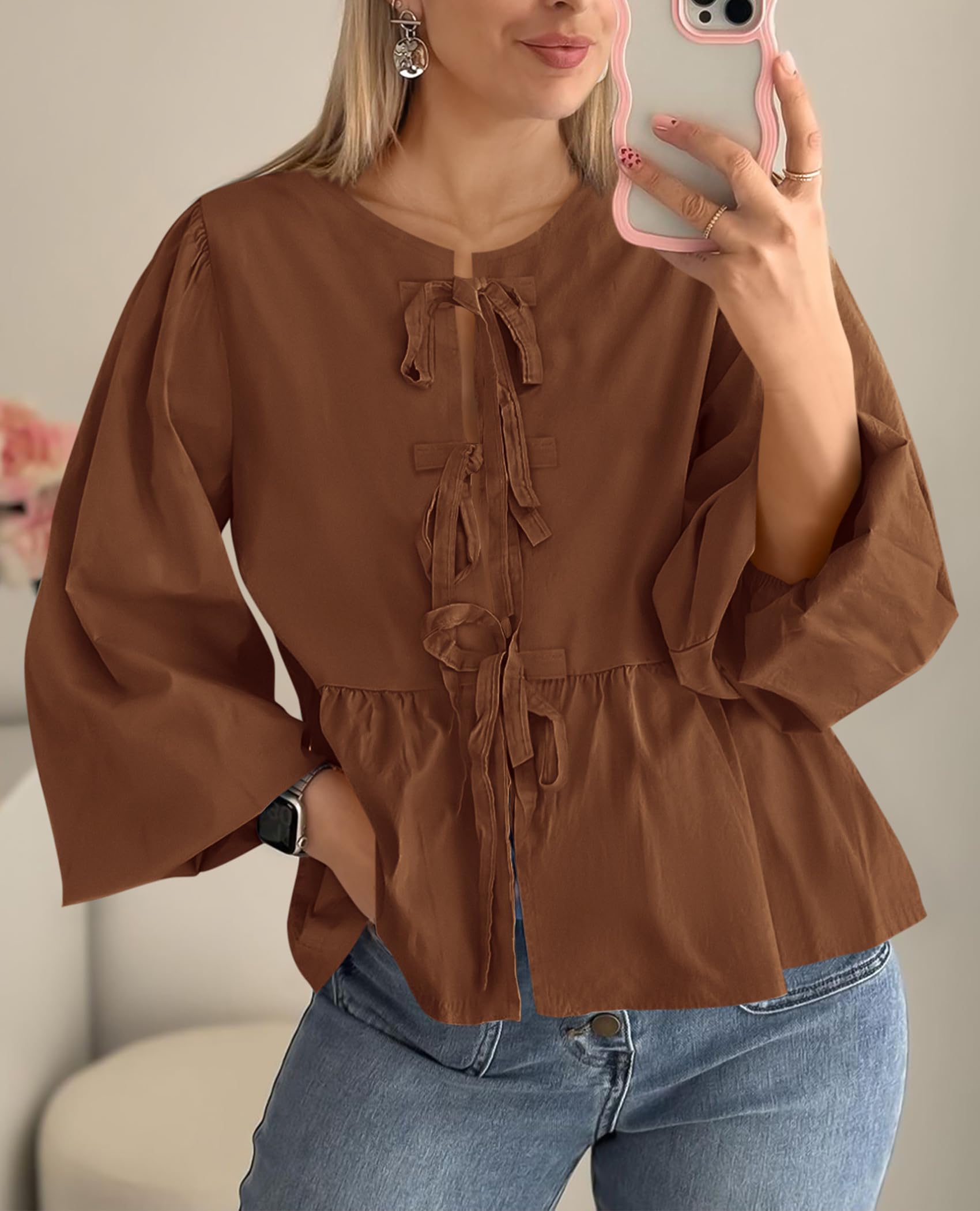 PRETTYGARDEN Women's Spring Fall Babydoll Peplum Blouse Shirt Puff Long Sleeve Bow Tie Front Trendy Cute Y2K Going Out Tops