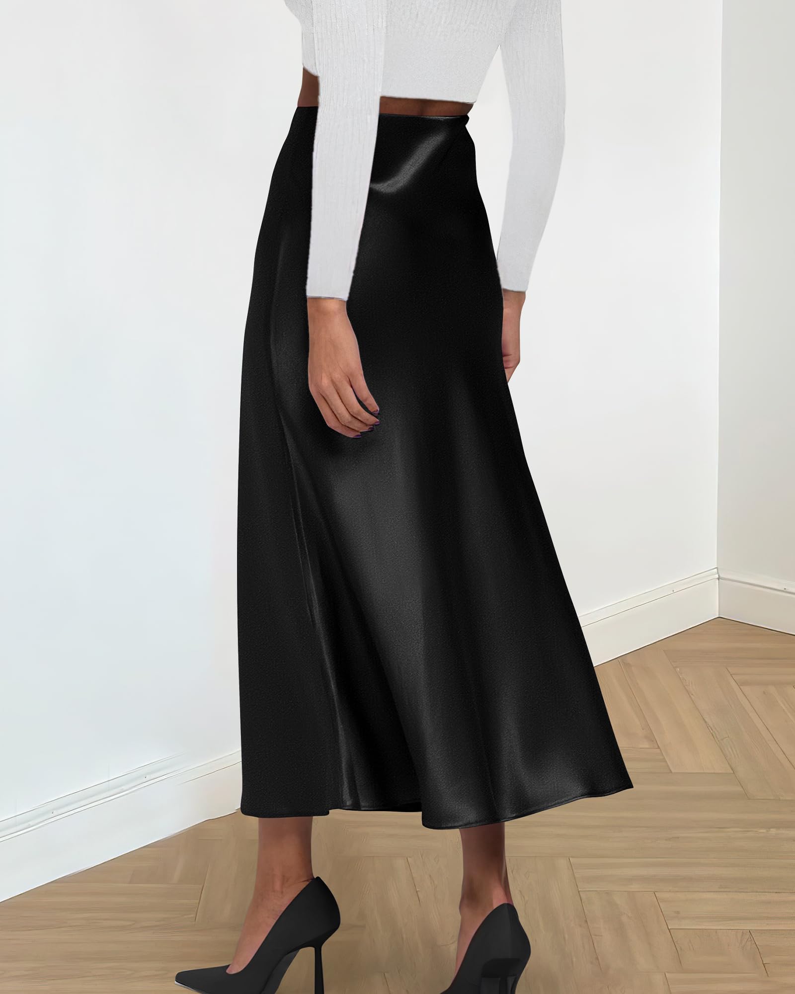 BTFBM Summer Womens Skirts Silk Elegant High Waist Flowy Long Satin A-Line Midi Skirt Cocktail Wedding Party