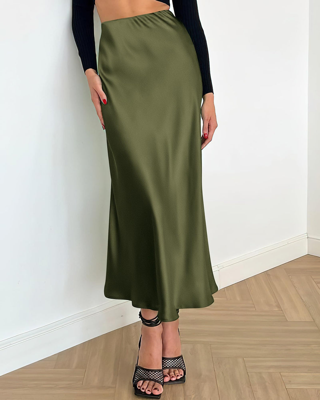BTFBM Summer Womens Skirts Silk Elegant High Waist Flowy Long Satin A-Line Midi Skirt Cocktail Wedding Party