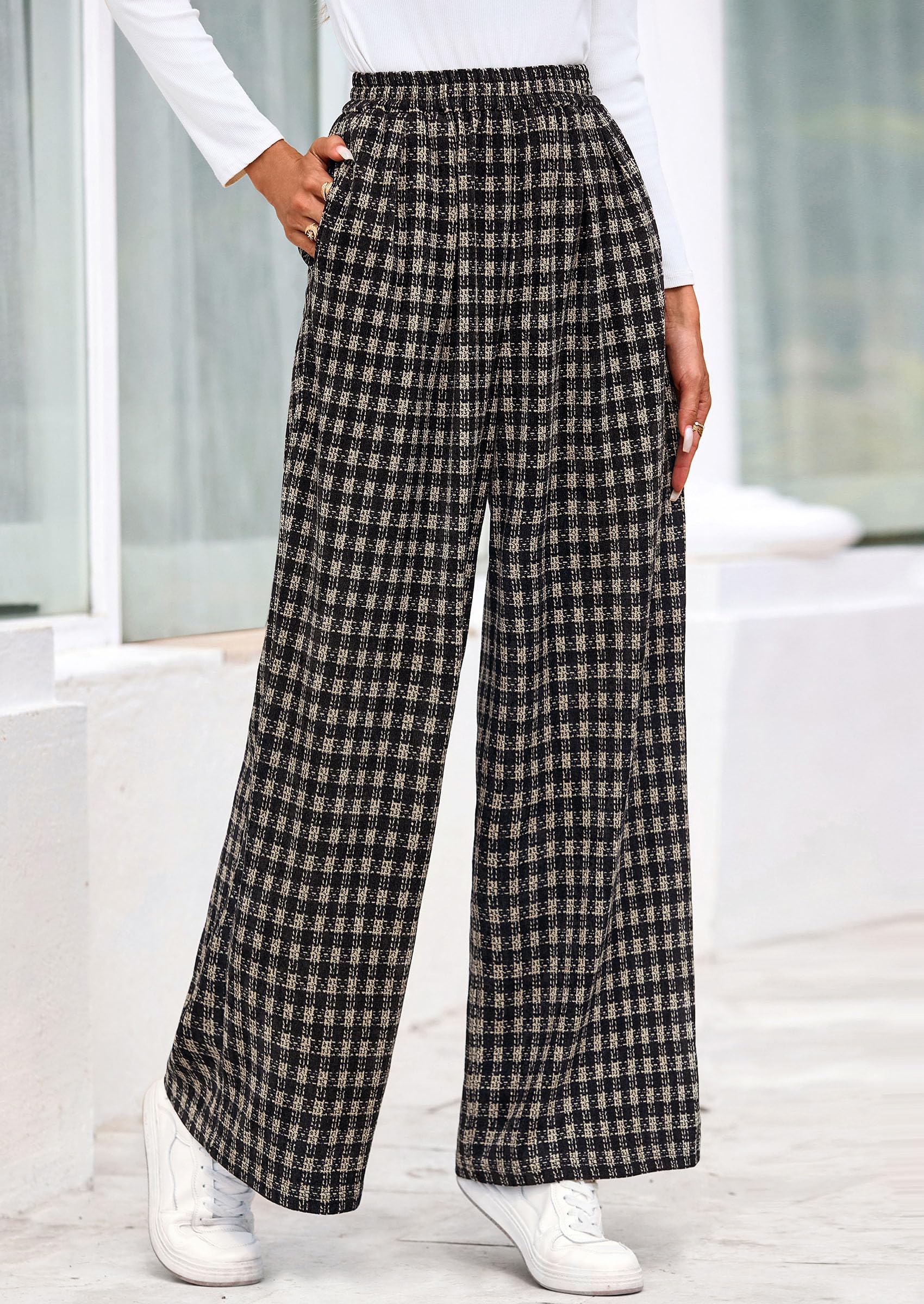 PRETTYGARDEN Casual Women's Pants Elastic Waist Palazzo Long Pajama Wide Leg Trousers Knit Fall Outfits with Pockets