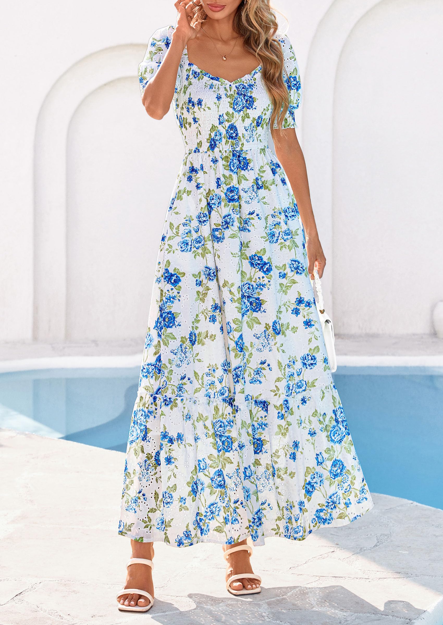 PRETTYGARDEN Women's Floral Boho Maxi Dresses Flowy Short Sleeve A Line Smocked Eyelet Summer Beach Vacation Clothes