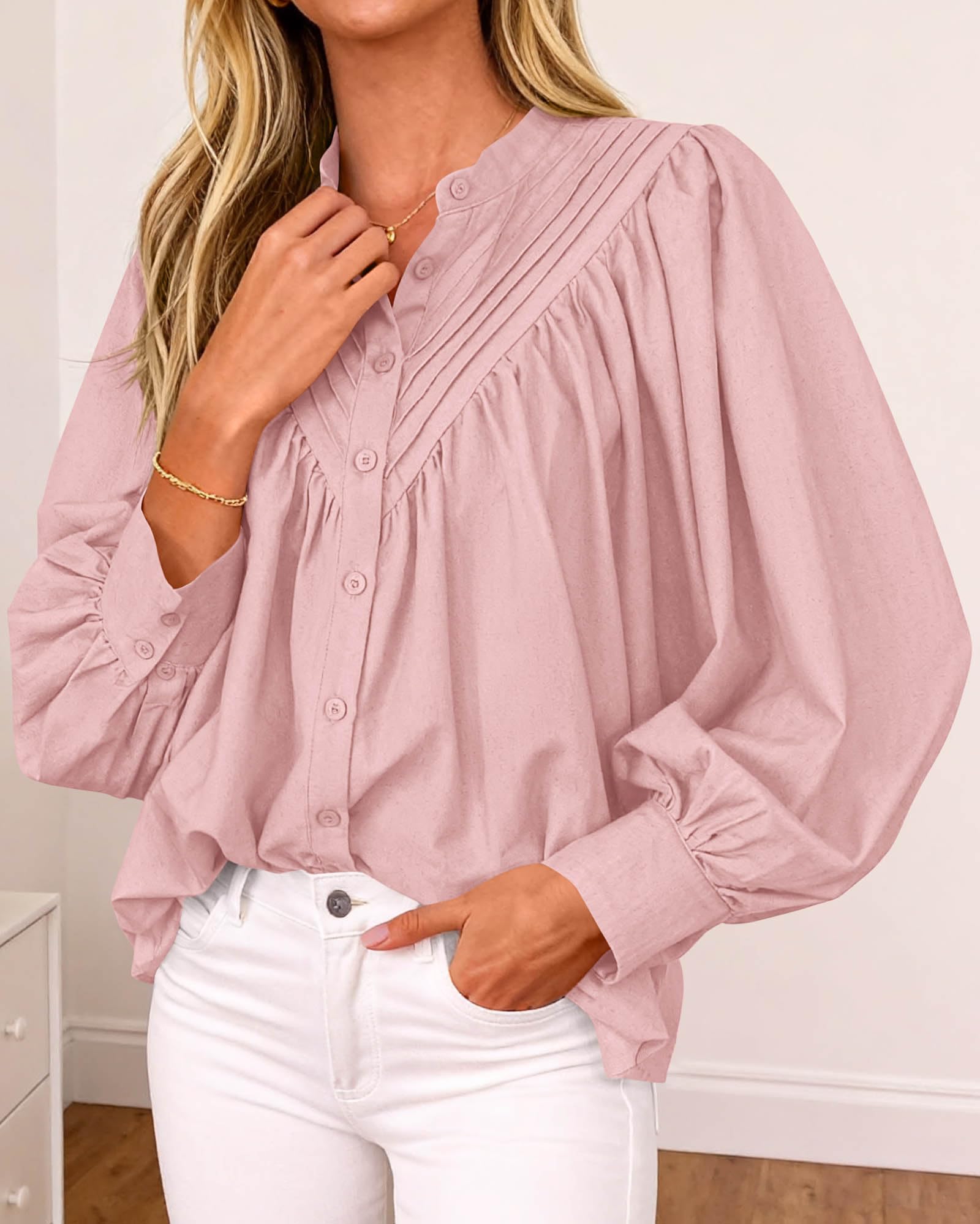 FreshPretty Blouses for Women Dressy Casual Fashion Clothing Long Sleeve Shirts Loose Fit Button Down Pleated Boho Going Out Tops