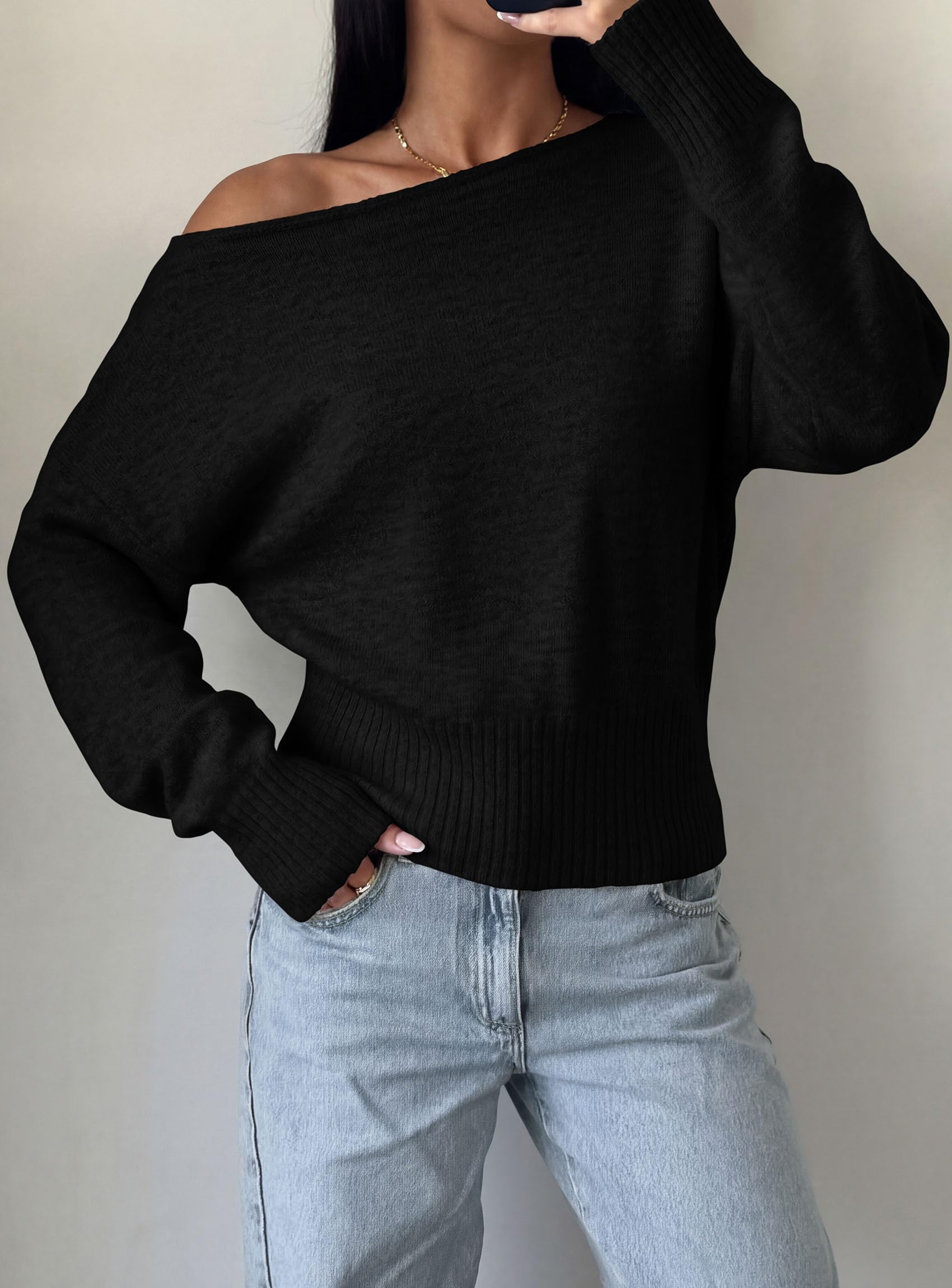 PRETTYGARDEN Womens Off The Shoulder Sweater Fall Fashion Soft Stretchy Knit Fabric, Batwing Long Sleeve Cinched Waist Cropped Sweaters, Date Night Outfit, Asymmetrical Going Out Tops