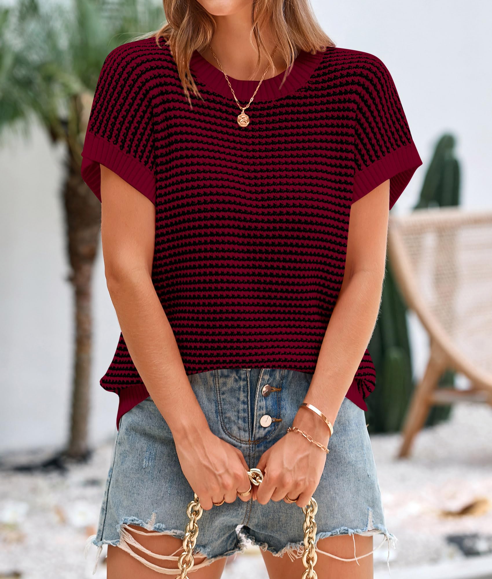 PRETTYGARDEN Womens Short Sleeve Sweater Spring Summer Round Neck Striped Pullover Cap Sleeve Knit Sweater Vest Tops