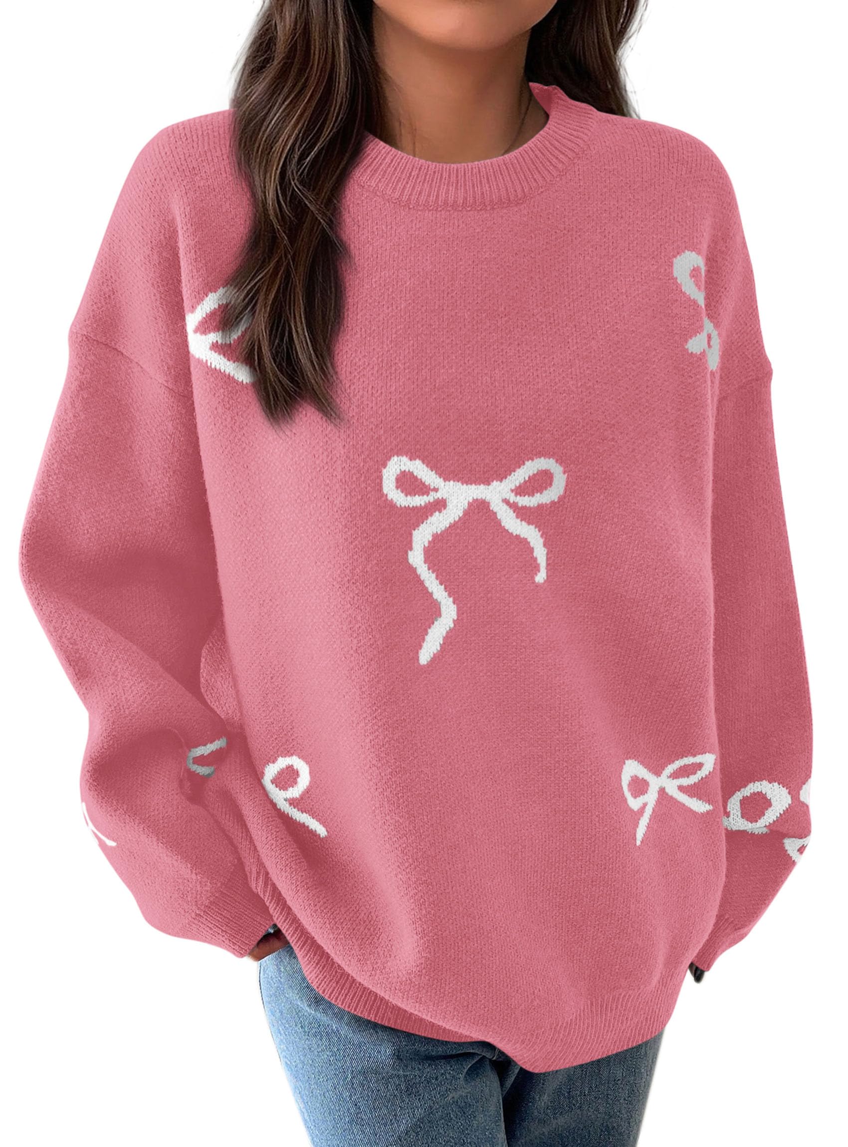 PRETTYGARDEN Fall Long Sleeve Pullover Sweaters for Women Trendy Crewneck Casual Cute Bow Chunky Knit Oversized Sweater