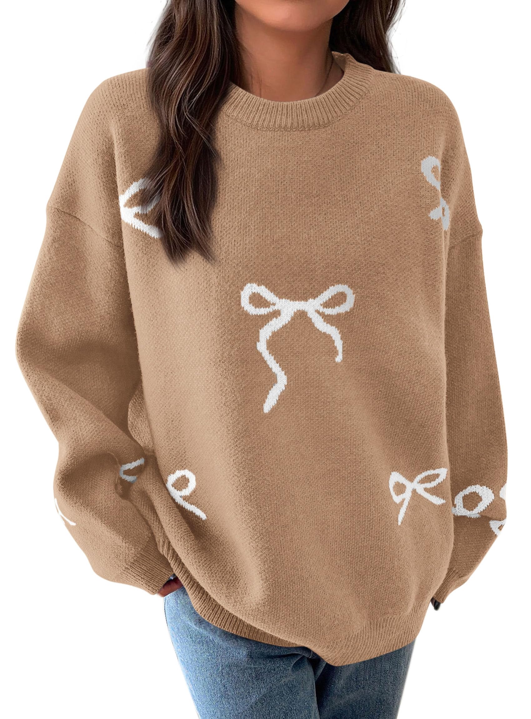 PRETTYGARDEN Fall Long Sleeve Pullover Sweaters for Women Trendy Crewneck Casual Cute Bow Chunky Knit Oversized Sweater