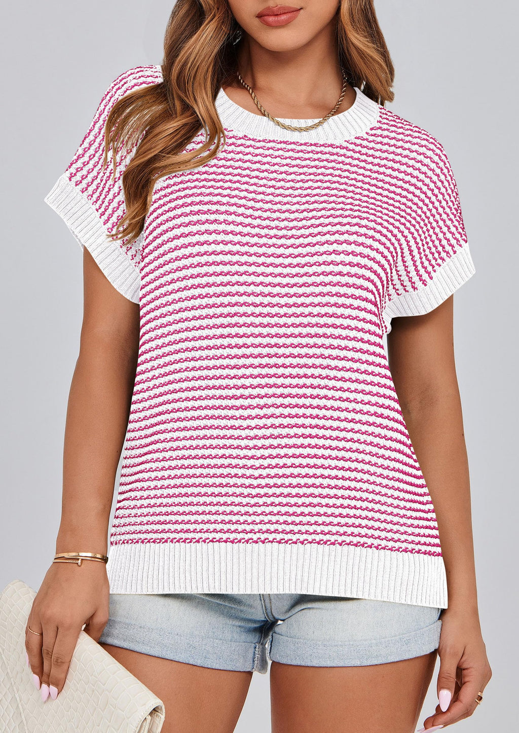 PRETTYGARDEN Womens Short Sleeve Sweater Spring Summer Round Neck Striped Pullover Cap Sleeve Knit Sweater Vest Tops