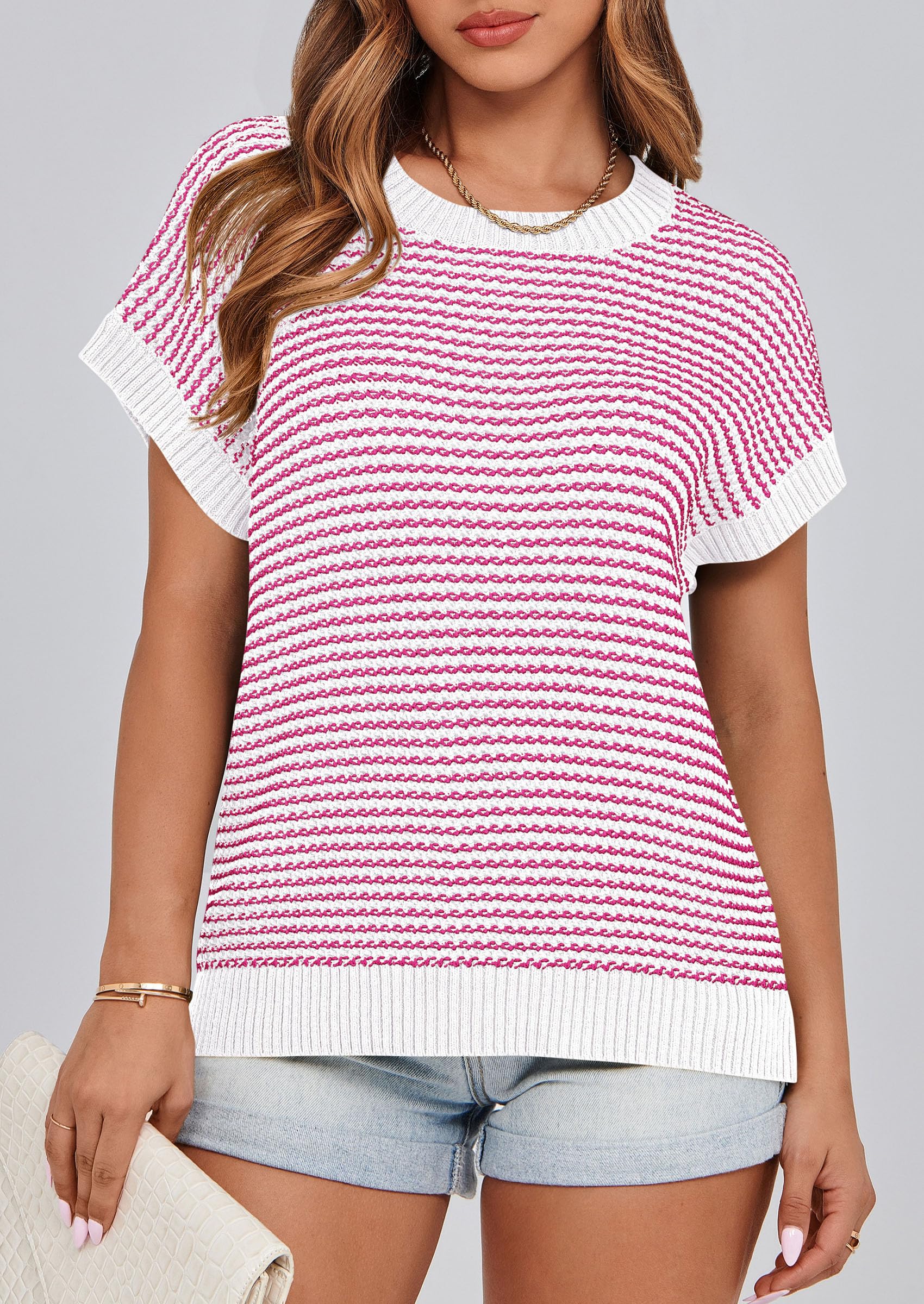 PRETTYGARDEN Womens Short Sleeve Sweater Spring Summer Round Neck Striped Pullover Cap Sleeve Knit Sweater Vest Tops
