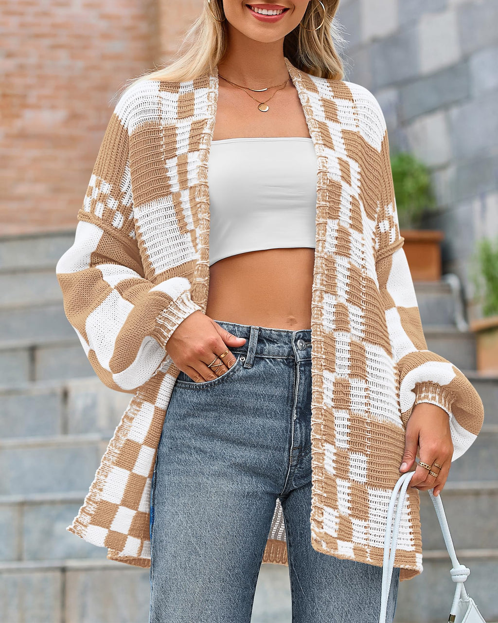 FreshPretty Casual Cardigan Sweater for Women Fall Long Sleeve Open Front Chunky Knit Sweaters Checkered Outwear Coat