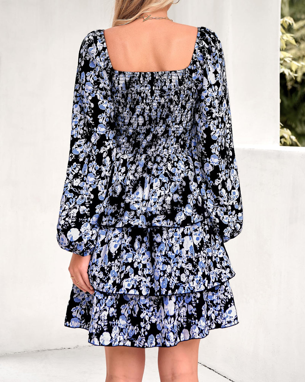 BTFBM Womens Long Sleeve Dress Summer Vacation Square Neck Smocked Floral Mini Boho Spring Wedding Guest Dresses