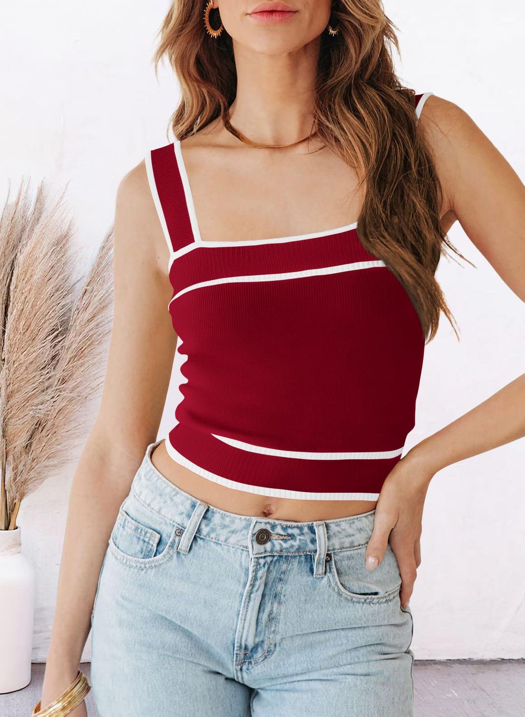 FreshPretty Women's Trendy Summer Square Neck Crop Tank Tops Casual Color Block Knit Sleeveless Slim Fit Y2k Cami Shirts