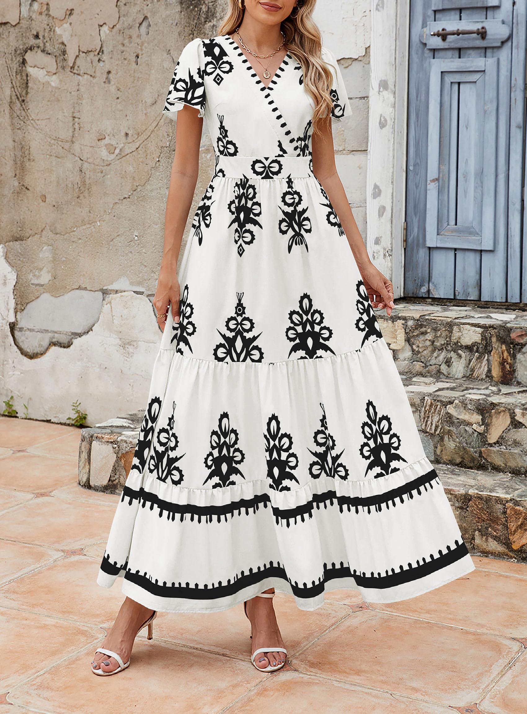 PRETTYGARDEN Womens Summer Casual V Neck Boho Maxi Dress Flowy Aline Bell Sleeve Tiered Floral Dresses with Pocket