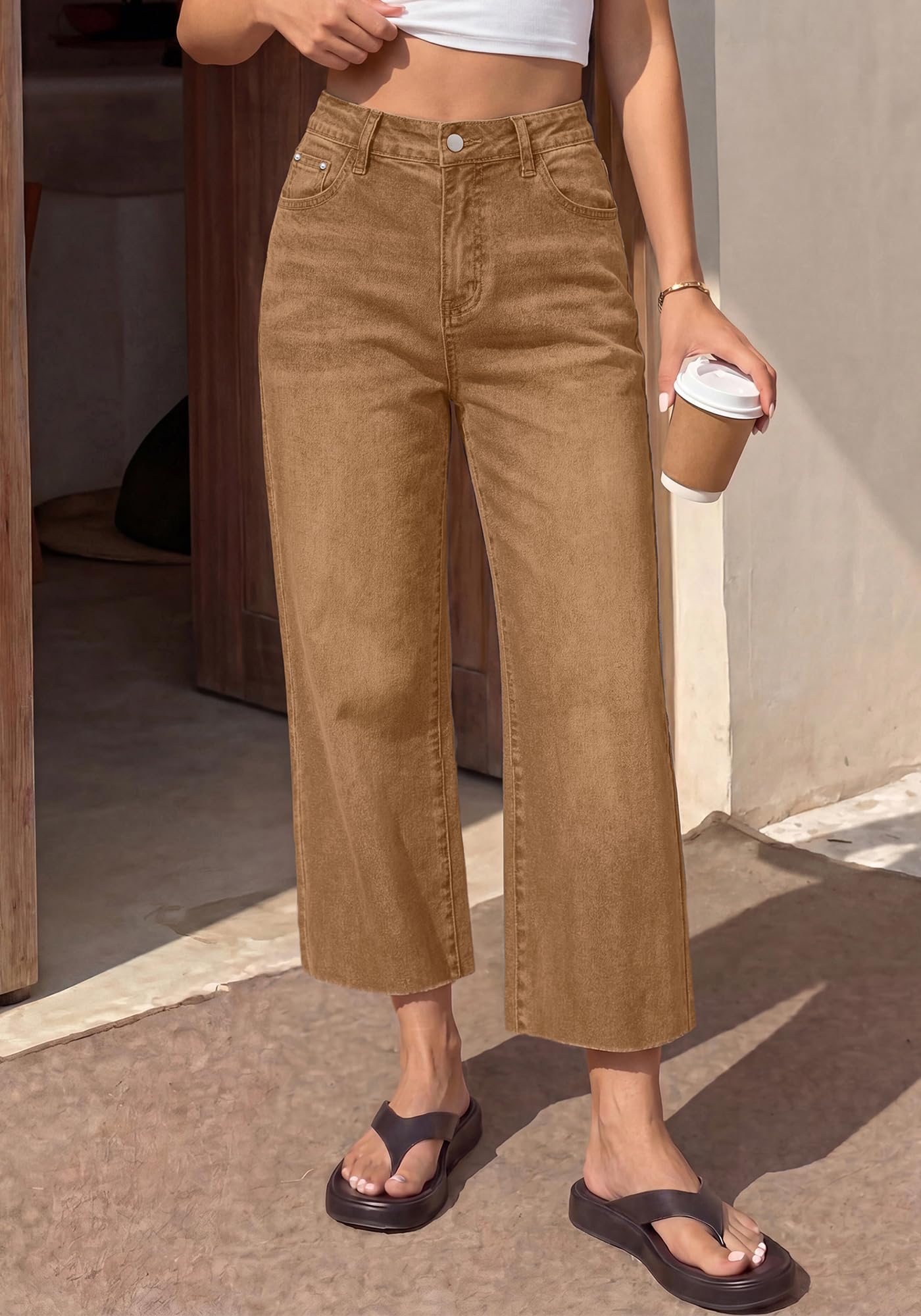 BTFBM Jeans for Women Summer High Waisted Button Straight Leg Stretchy Cropped Raw Hem Trendy Denim Pants Pockets