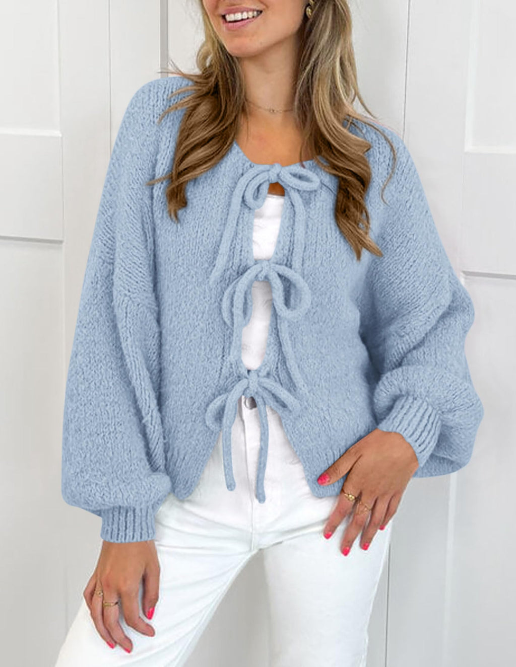 PRETTYGARDEN Women's Tie Front Bow Cardigan Sweaters Chunky Knit Long Puff Sleeve Trendy Fall Winter Jacket Coat