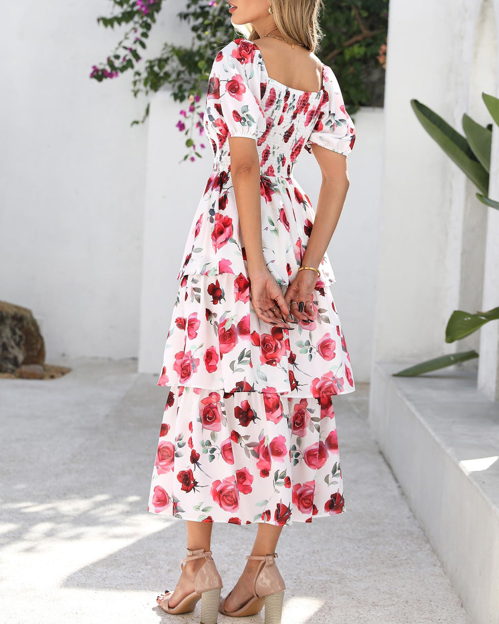 BTFBM Womens Square Neck Smocked Dress Summer Puff Short Sleeve Floral Casual Ruffle Tiered Maxi Wedding Guest Dresses