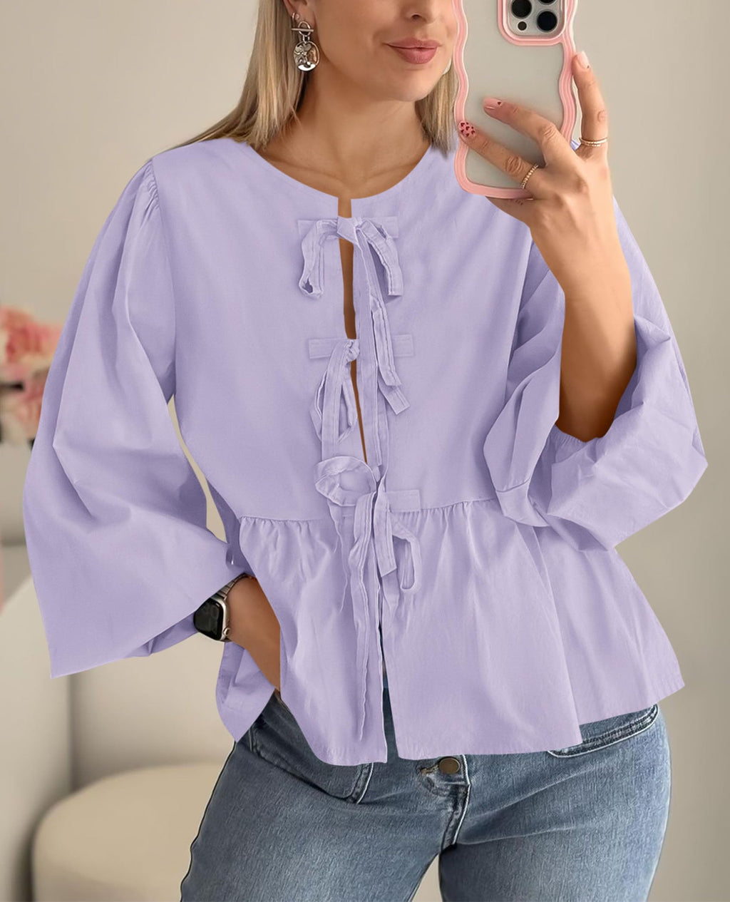 PRETTYGARDEN Women's Spring Fall Babydoll Peplum Blouse Shirt Puff Long Sleeve Bow Tie Front Trendy Cute Y2K Going Out Tops