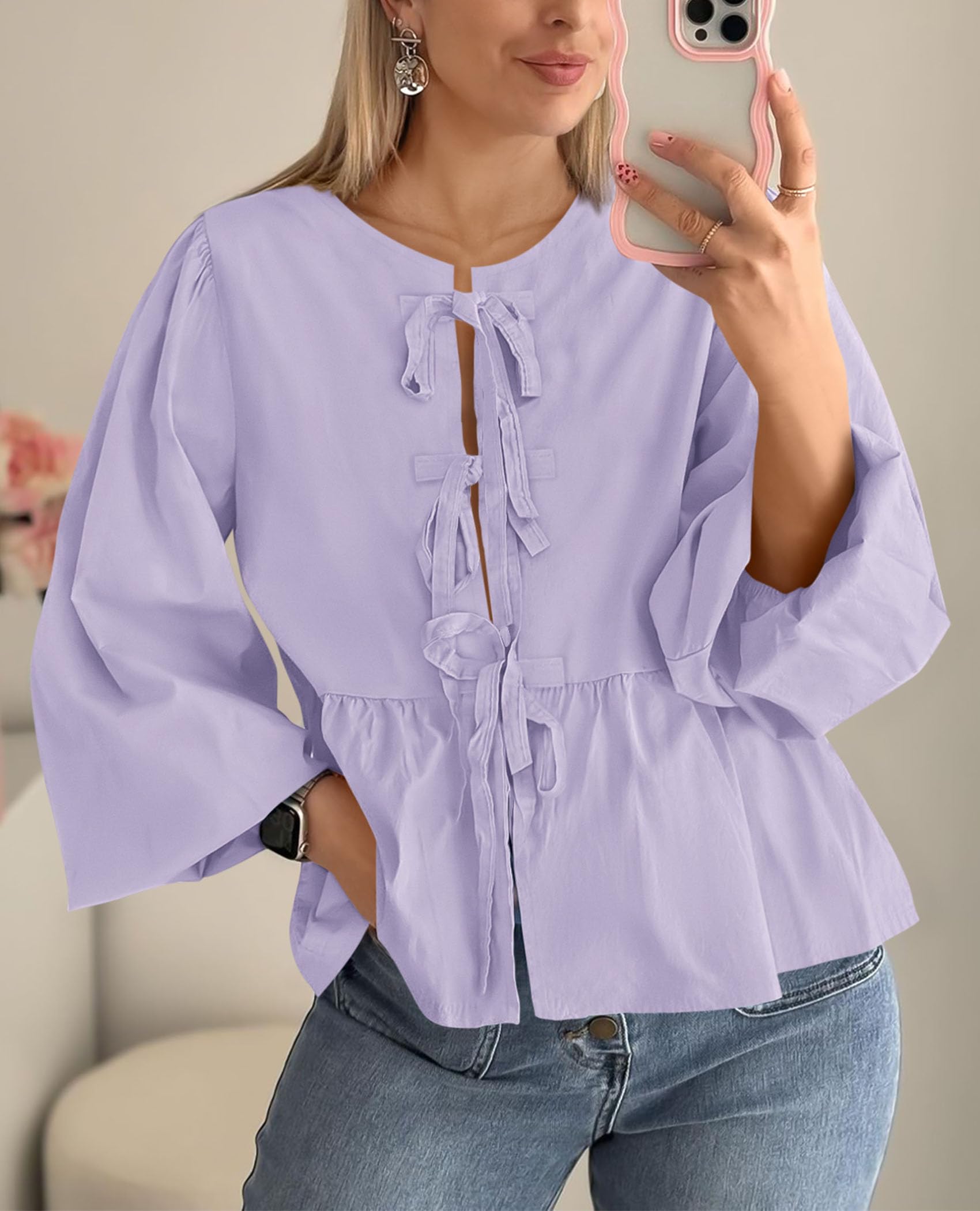 PRETTYGARDEN Women's Spring Fall Babydoll Peplum Blouse Shirt Puff Long Sleeve Bow Tie Front Trendy Cute Y2K Going Out Tops