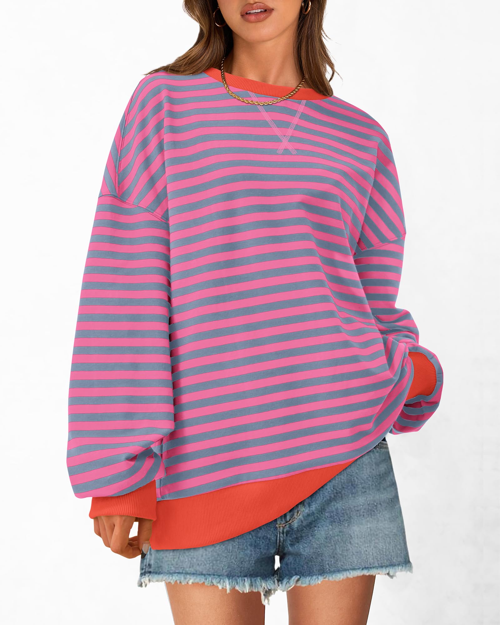 BTFBM Sweatshirt For Women Summer Crewneck Long Sleeve Oversized Striped Pullover Tops Y2K Clothes Workout Shirt