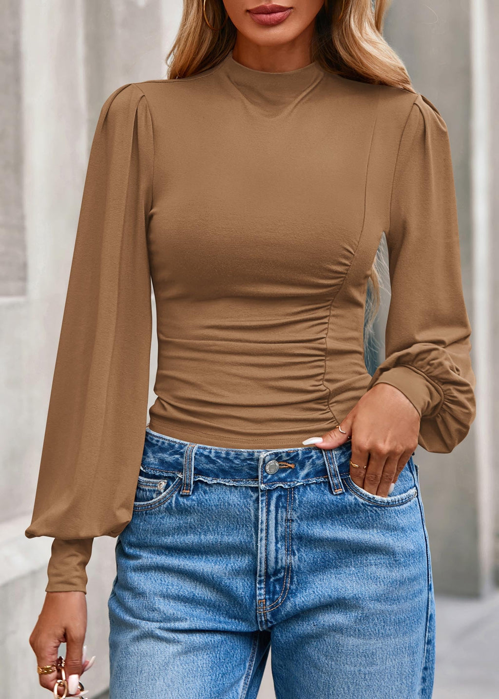 FreshPretty Blouses for Women Dressy Casual Spring Tops Fall Puff Long Sleeve Shirts Fitted Mock Neck Ruched Trendy Tops