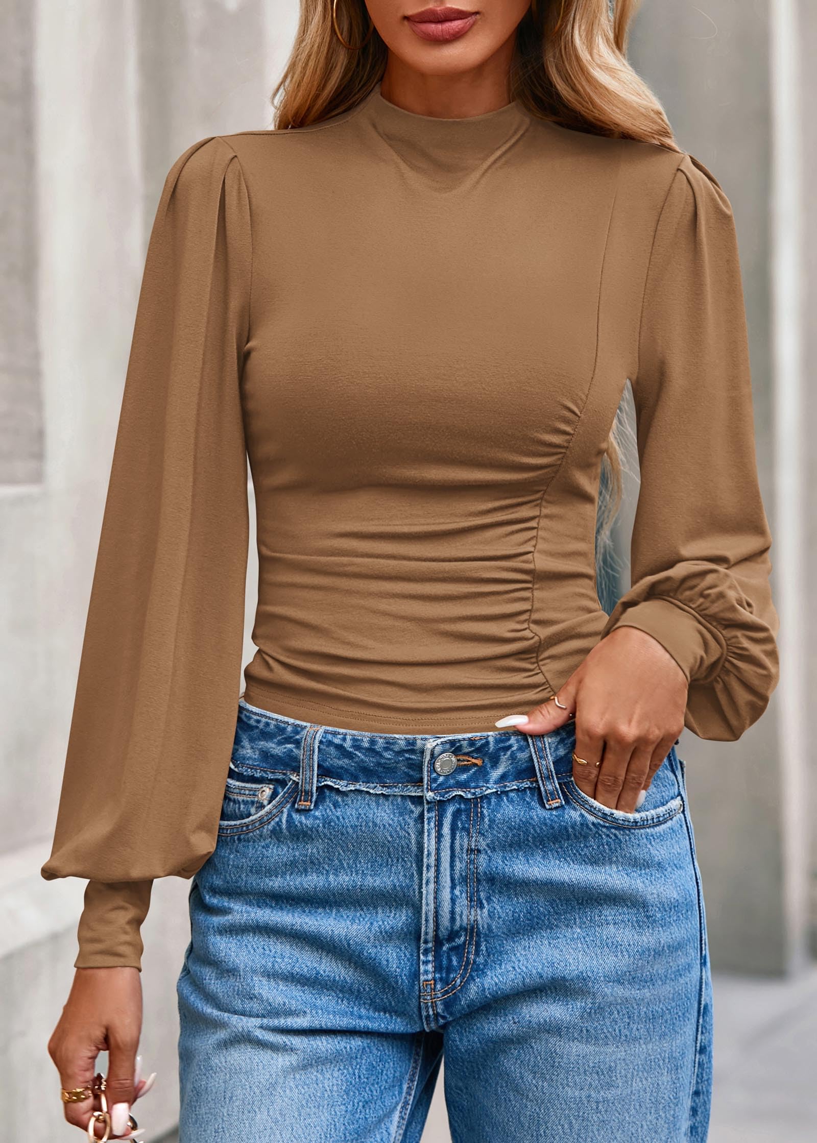 FreshPretty Blouses for Women Dressy Casual Spring Tops Fall Puff Long Sleeve Shirts Fitted Mock Neck Ruched Trendy Tops