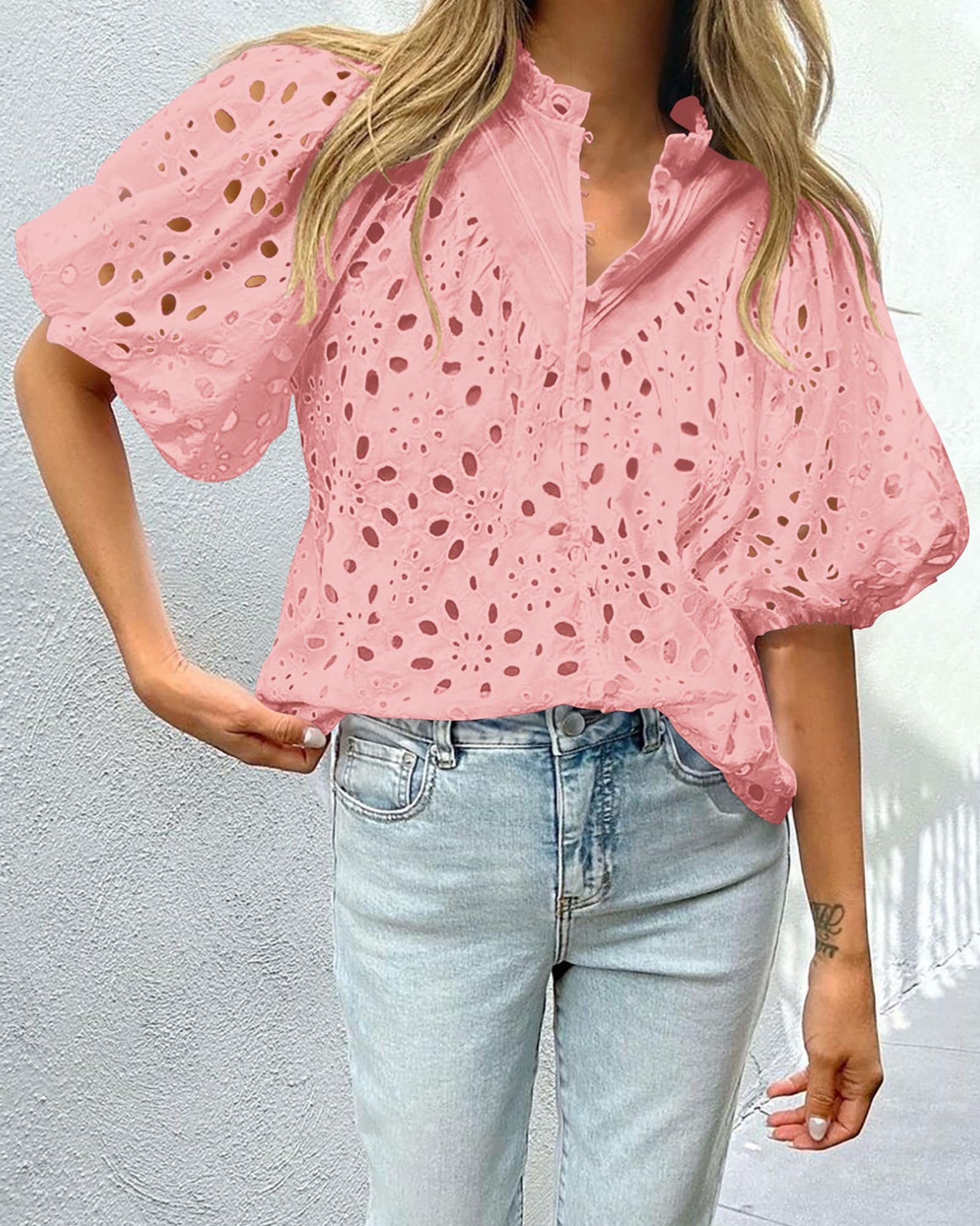 PRETTYGARDEN Women's Summer Tops Dressy Casual Short Sleeve V Neck Buttons Hollow Out Lace Embroidered Blouses Shirts