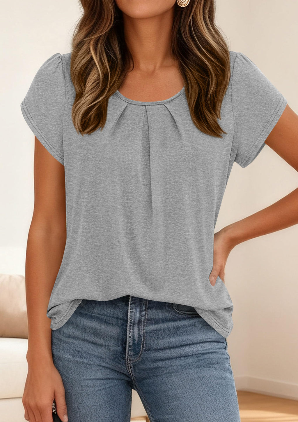 PRETTYGARDEN Womens Tops Dressy Casual Summer Short Sleeve Blouses Crew Neck Pleated Basic T Shirts Spring Clothes