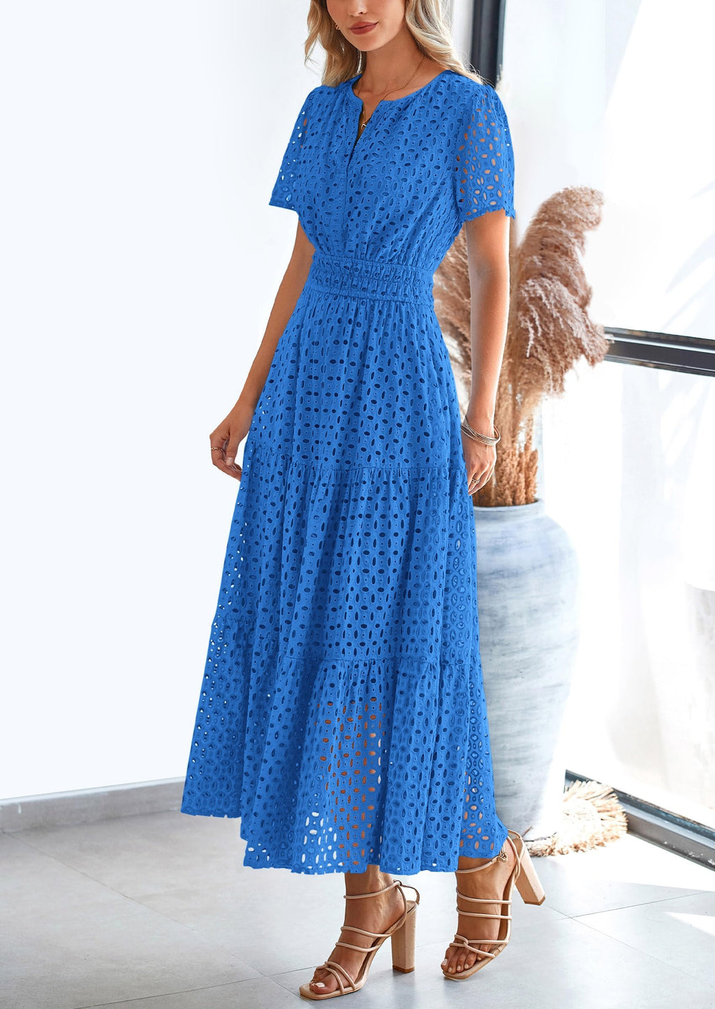 PRETTYGARDEN Womens Summer Maxi Dress Short Sleeve V Neck Hollow Out Eyelet A Line Long Flowy Beach Vacation Dresses