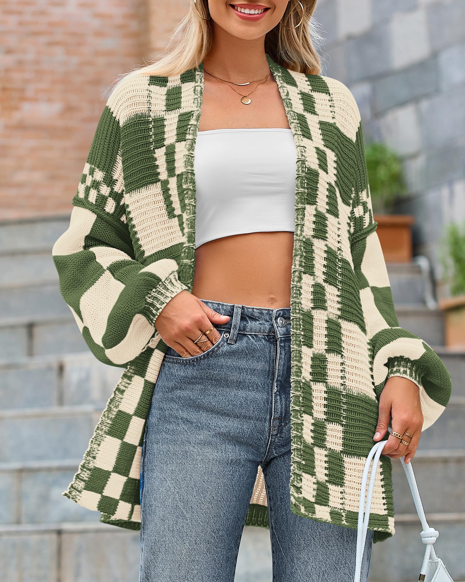FreshPretty Casual Cardigan Sweater for Women Fall Long Sleeve Open Front Chunky Knit Sweaters Checkered Outwear Coat