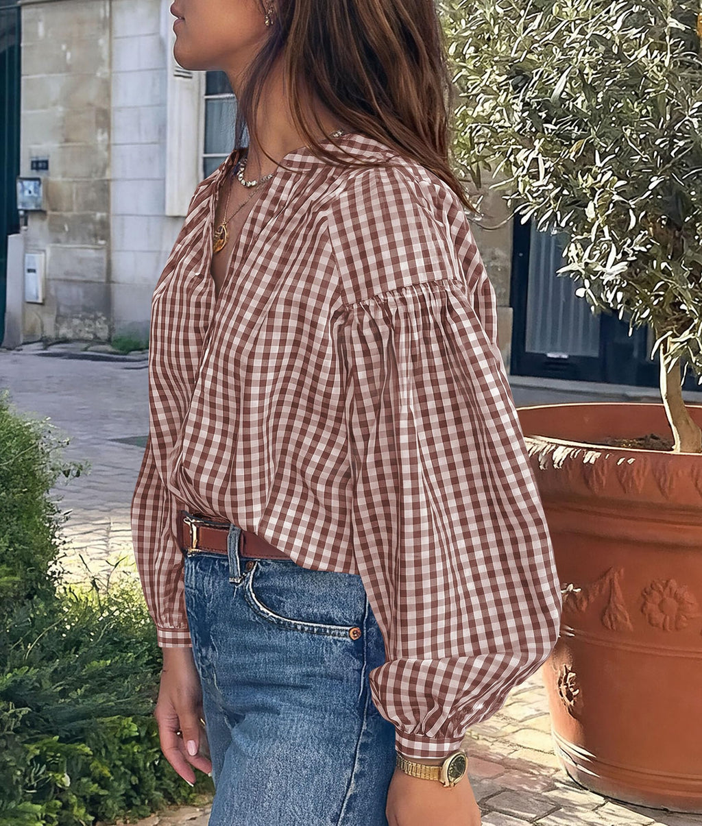 PRETTYGARDEN Women Fall Plaid Long Puff Sleeve Shirts V Neck Casual Blouses Gingham Button Down Oversized, Pleated Drop Shoulder Cotton Tops, Dressy Casual, Work Vacation Travel, Fall Outfits Trendy