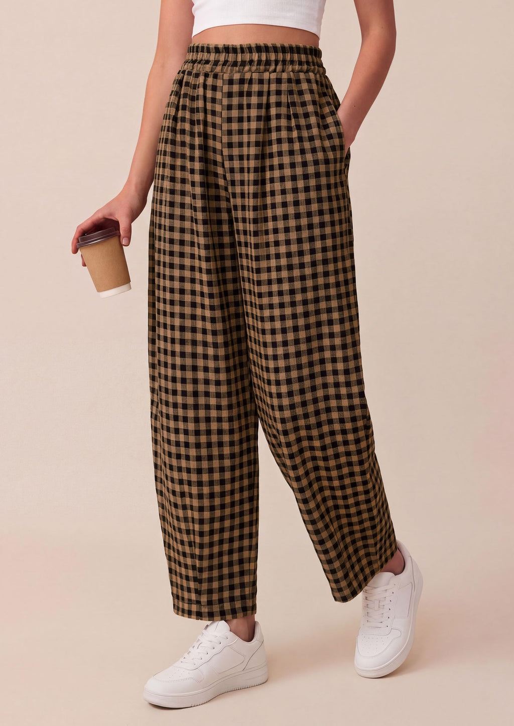 PRETTYGARDEN Plaid Barrel Pants Women Summer Casual Loose Wide Leg Lounge Gingham Trousers Spring Fashion Beach Bottoms