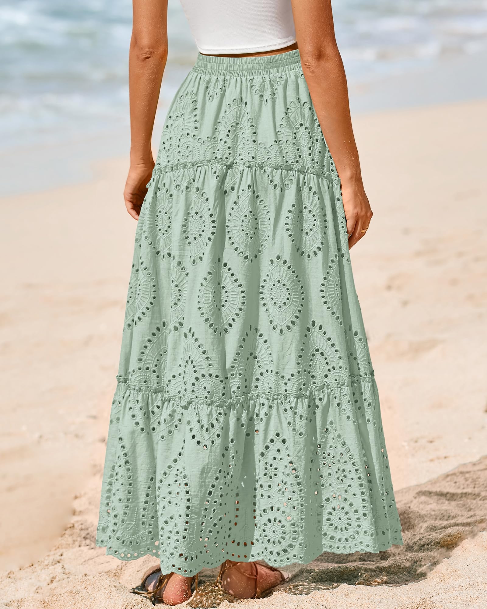 BTFBM Long Skirts for Women Summer Boho Lace Embroidery High Waist Flowy Tiered Spring Maxi Skirt Beach Vacation