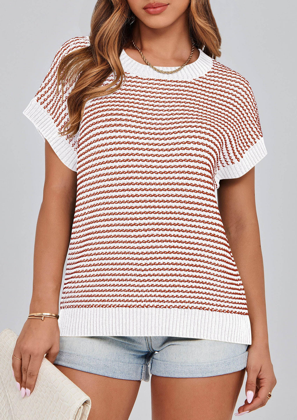 PRETTYGARDEN Womens Short Sleeve Sweater Spring Summer Round Neck Striped Pullover Cap Sleeve Knit Sweater Vest Tops