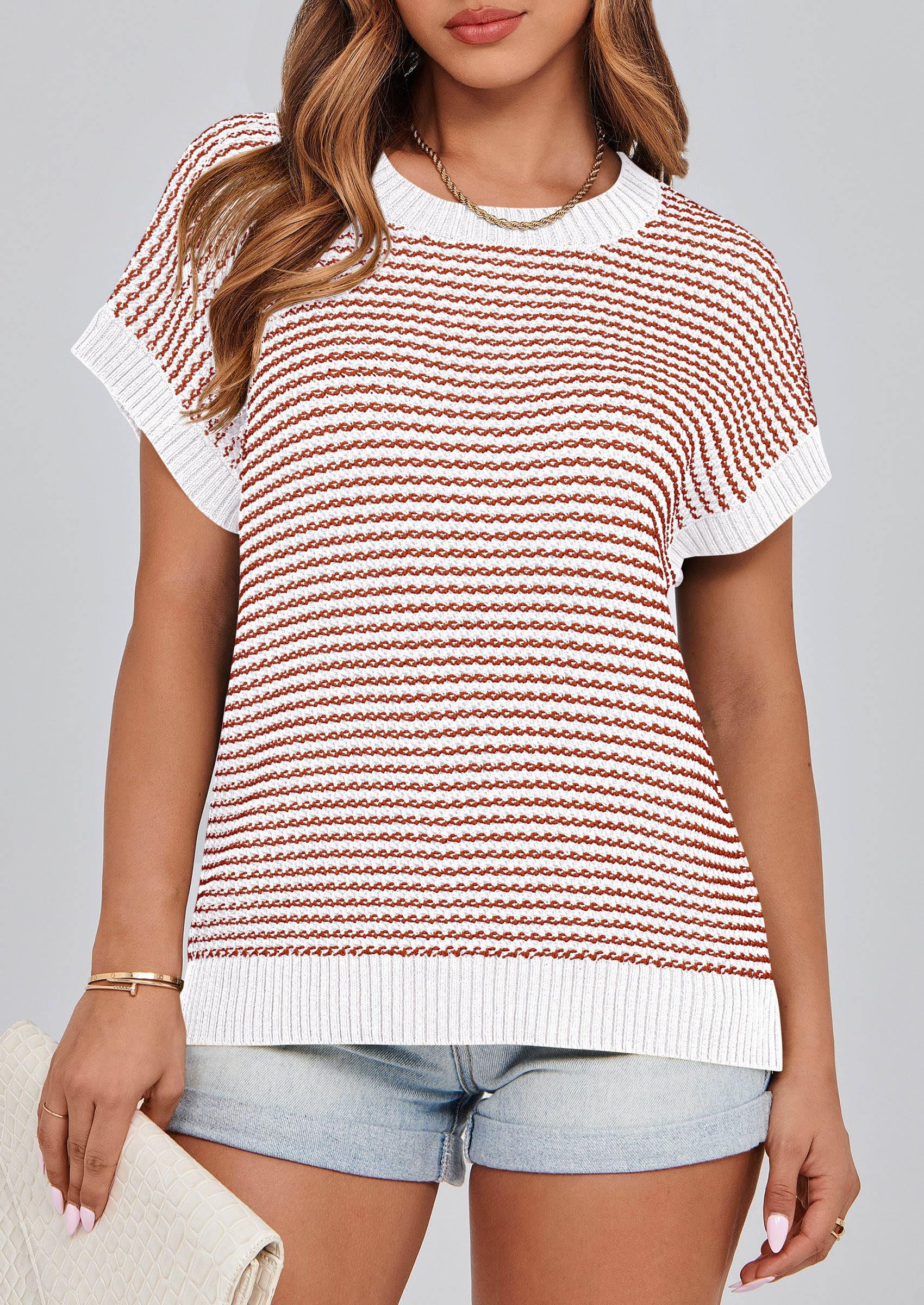 PRETTYGARDEN Womens Short Sleeve Sweater Spring Summer Round Neck Striped Pullover Cap Sleeve Knit Sweater Vest Tops