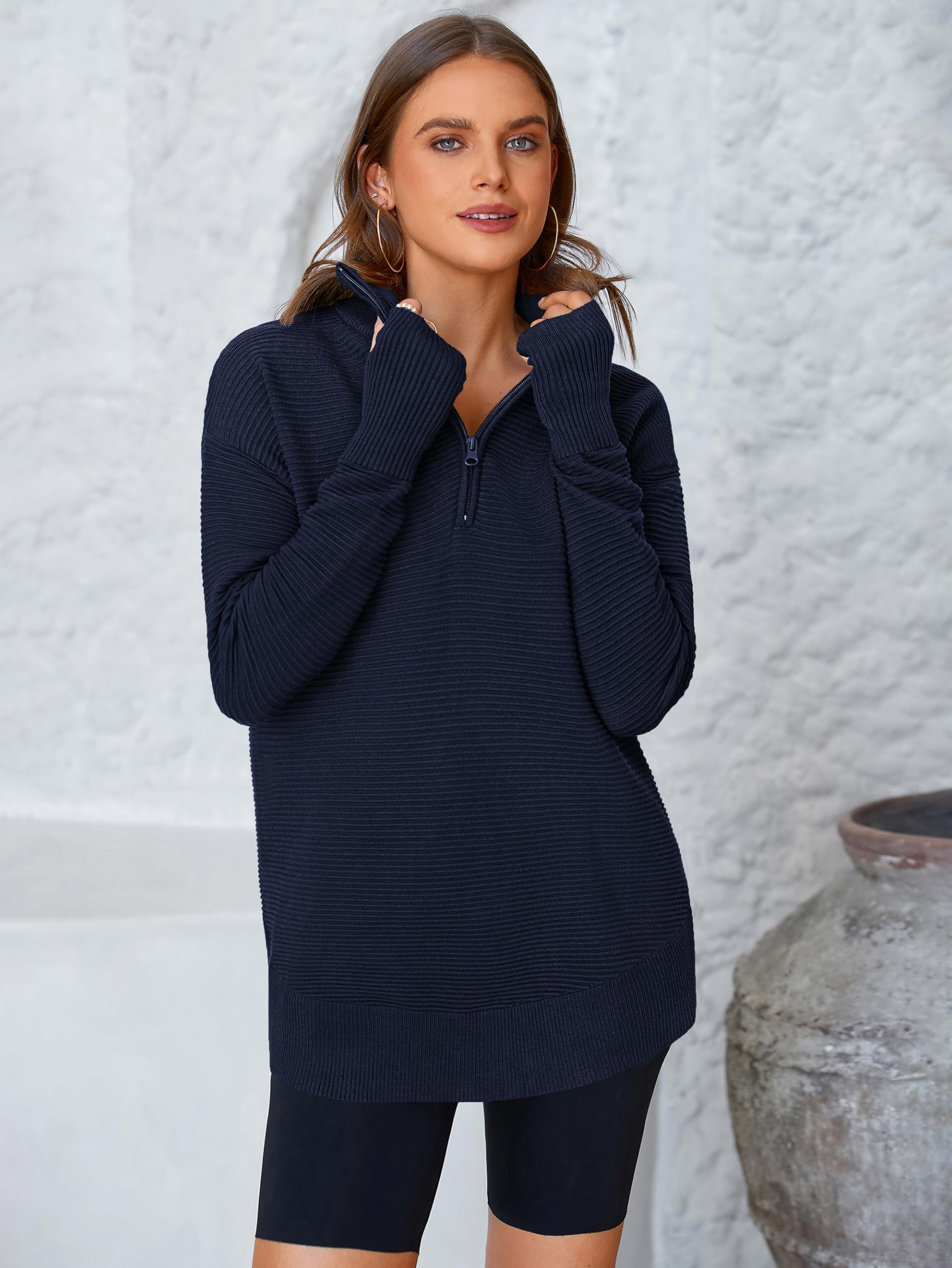 PRETTYGARDEN Womens Long Sleeve Quarter Zip Pullover Sweater Casual Loose V Neck Collared Ribbed Knit Jumper Tops Thumb Hole