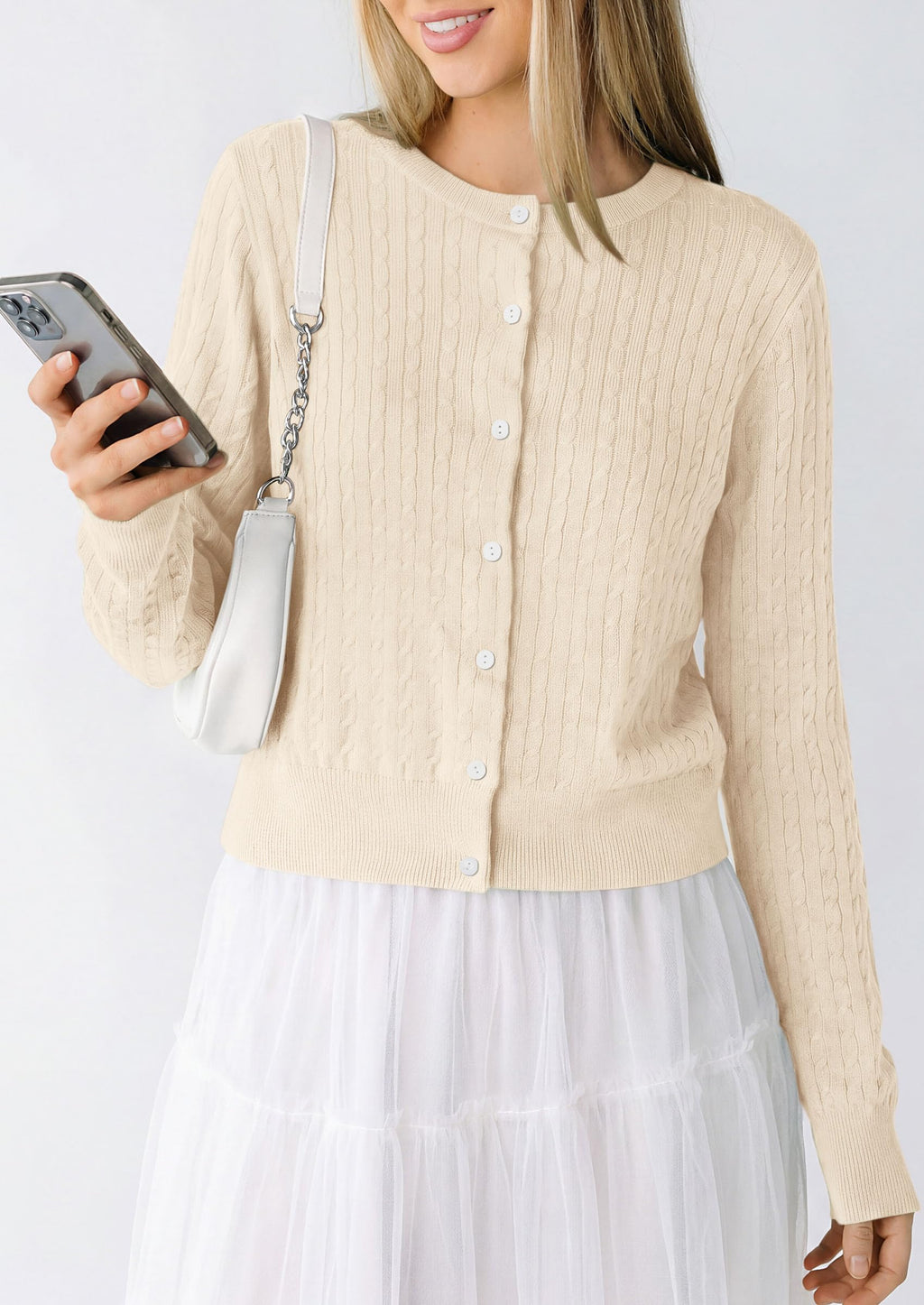 PRETTYGARDEN Women Lightweight Button Up Cardigan Sweaters | Soft Stretchy, Cozy Cable Knit, Long Sleeve Crew Neck, Trendy Cardigans, Cute Casual Outfits, Early Fall Fashion Clothing
