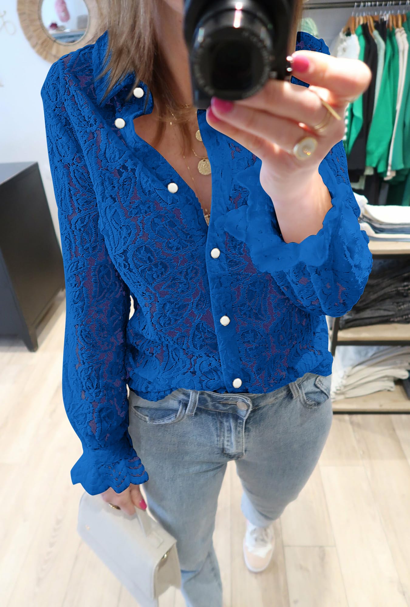 FreshPretty Long Sleeve Lace Blouses for Women Spring Dressy Casual Button Down Shirts Date Night Outfit Club Party Tops
