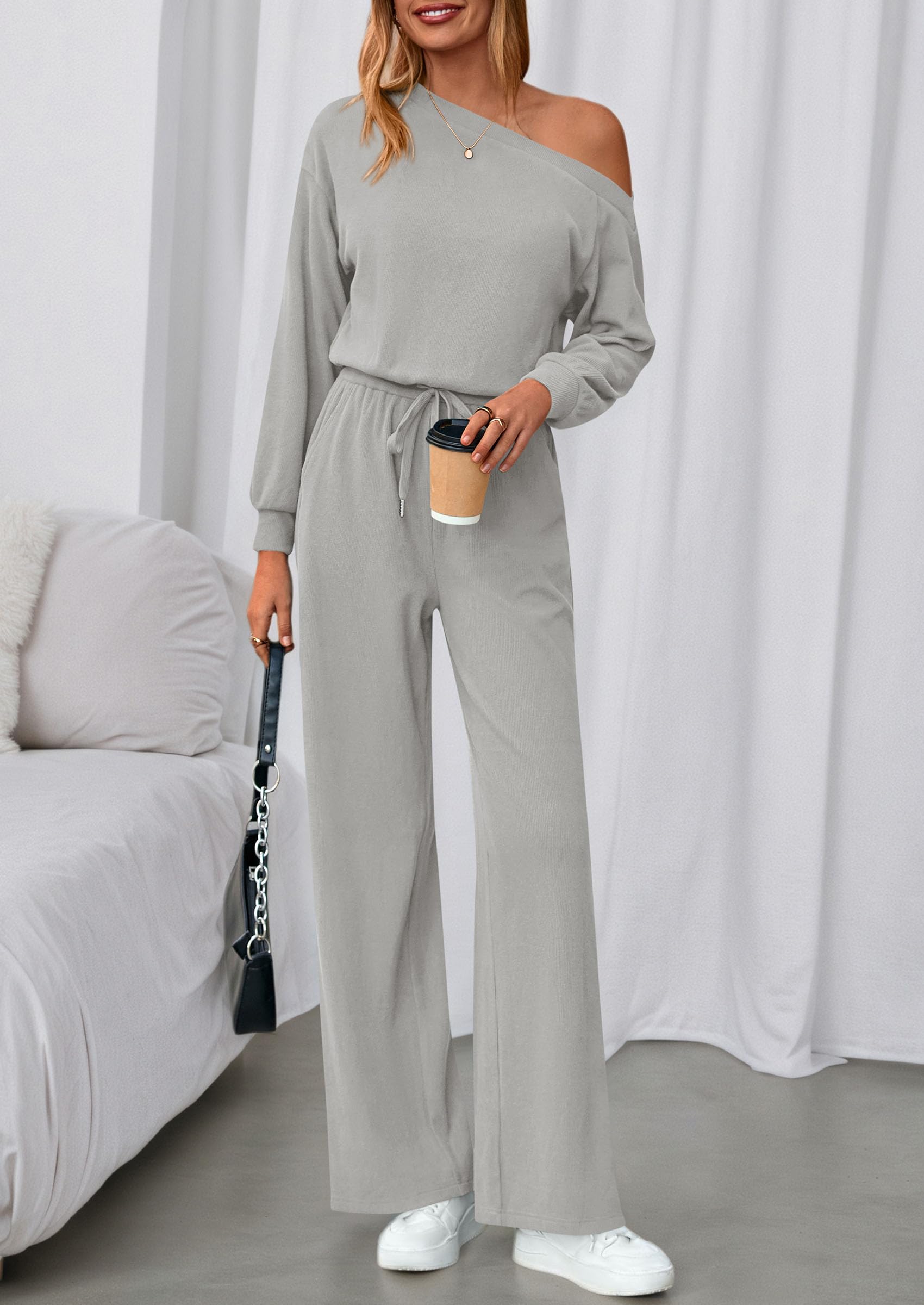 PRETTYGARDEN Long Sleeve Jumpsuit For Women Dressy Off Shoulder One Piece Loose Wide Leg Jumpsuits Casual Flowy Romper