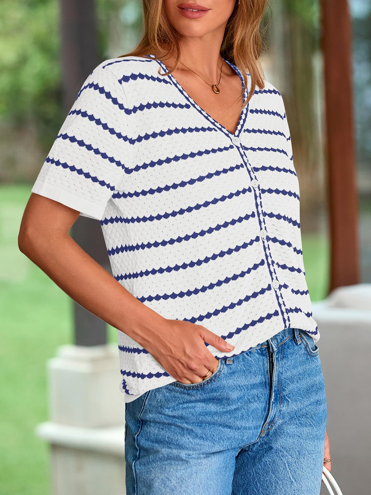 FreshPretty Women's Short Sleeve Sweater Spring Summer Crochet Knit Tops V Neck Striped Button Down Dressy Casual Blouses