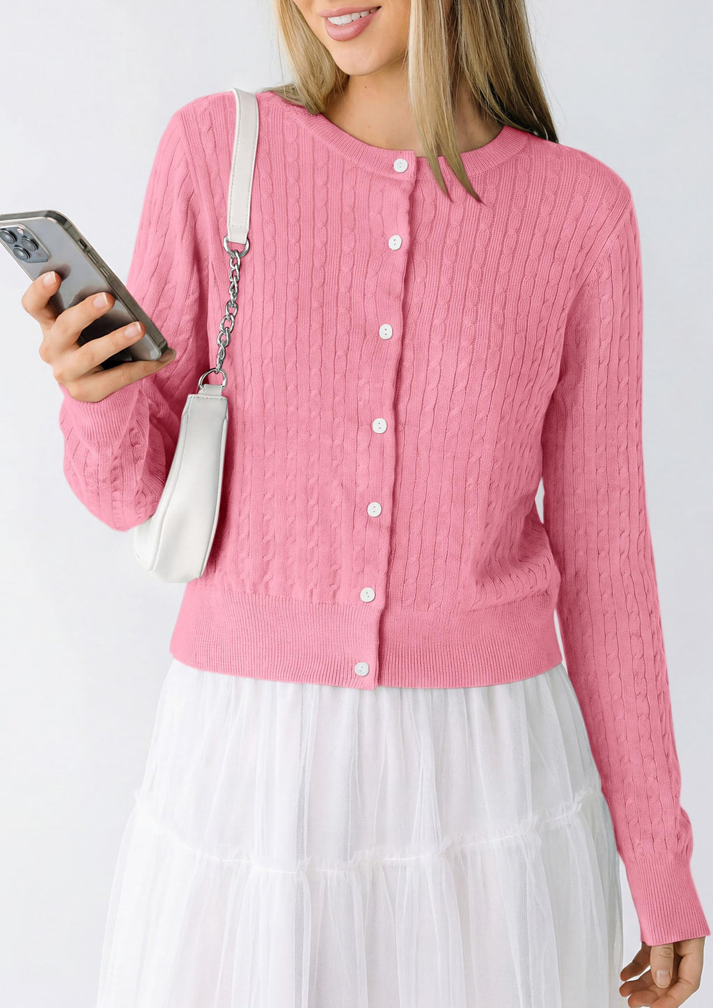 PRETTYGARDEN Women Lightweight Button Up Cardigan Sweaters | Soft Stretchy, Cozy Cable Knit, Long Sleeve Crew Neck, Trendy Cardigans, Cute Casual Outfits, Early Fall Fashion Clothing