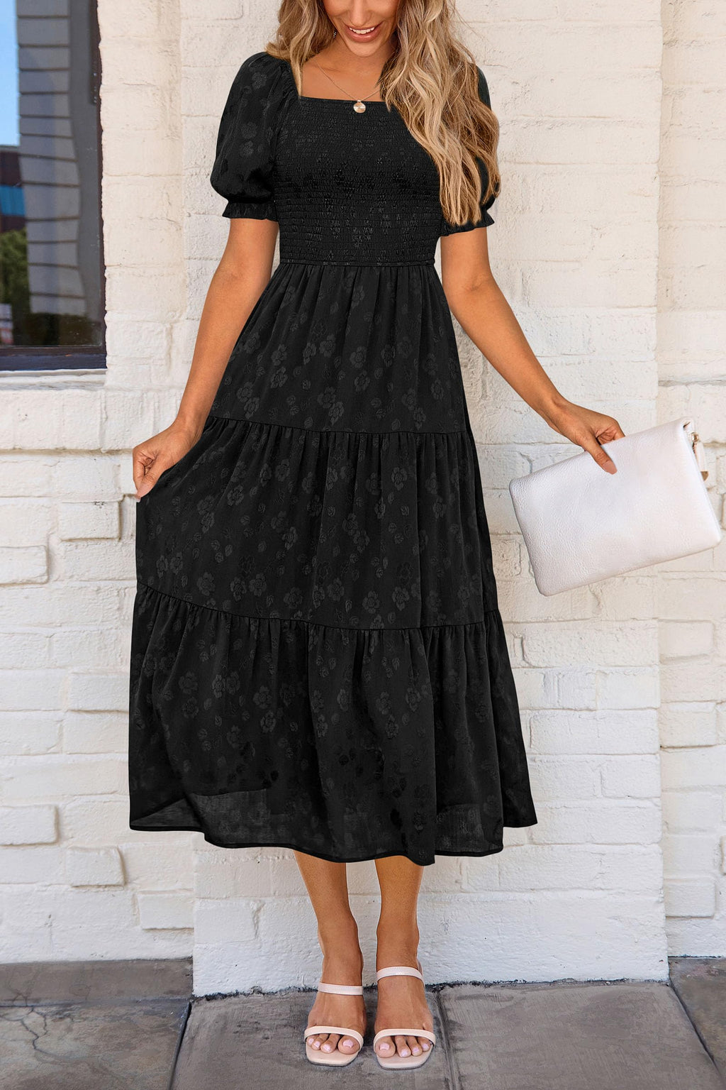 PRETTYGARDEN Women's Summer Casual Midi Dresses Square Neck Short Sleeve Smocked A Line Floral Flowy Elegant Boho Dress