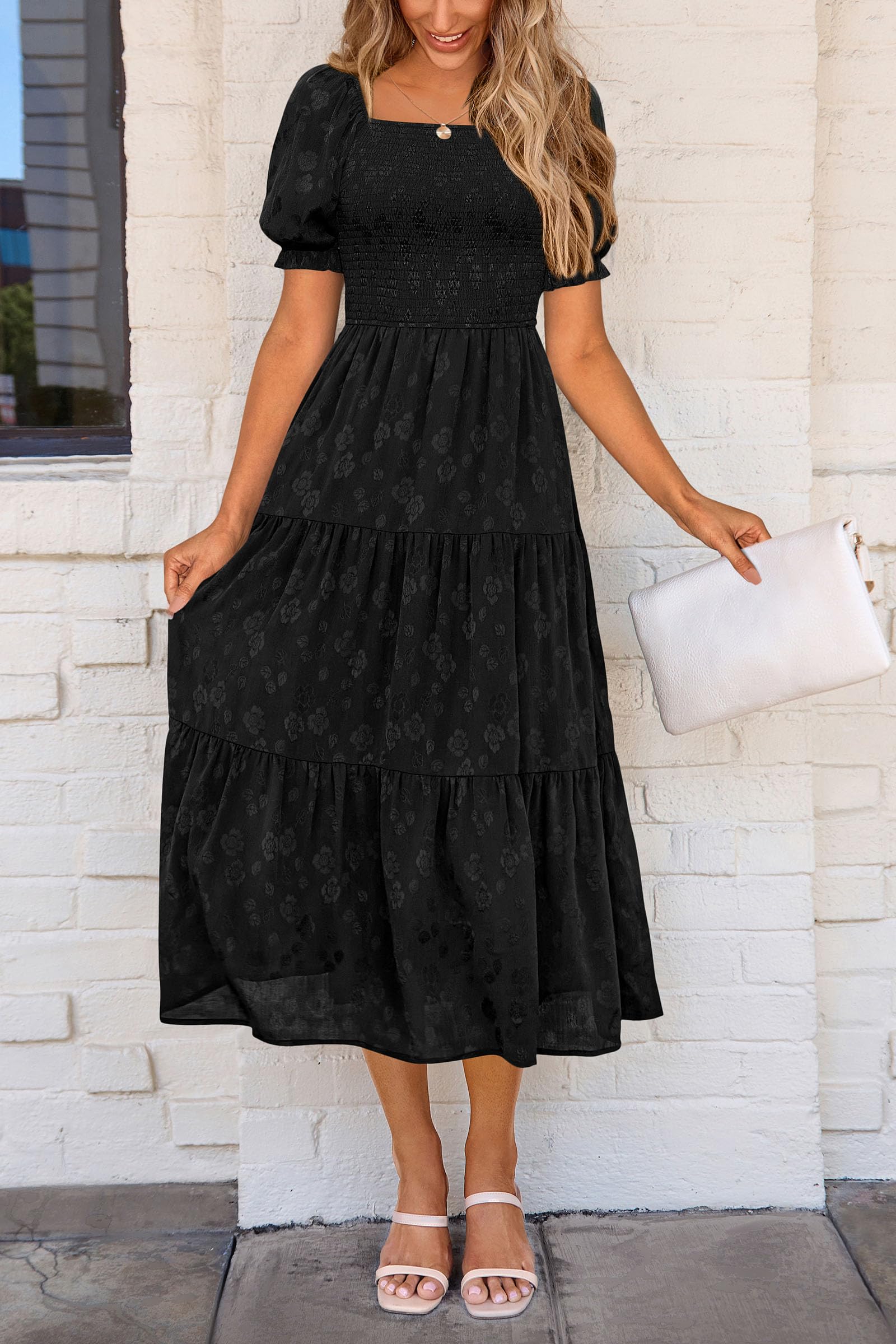 PRETTYGARDEN Women's Summer Casual Midi Dresses Square Neck Short Sleeve Smocked A Line Floral Flowy Elegant Boho Dress