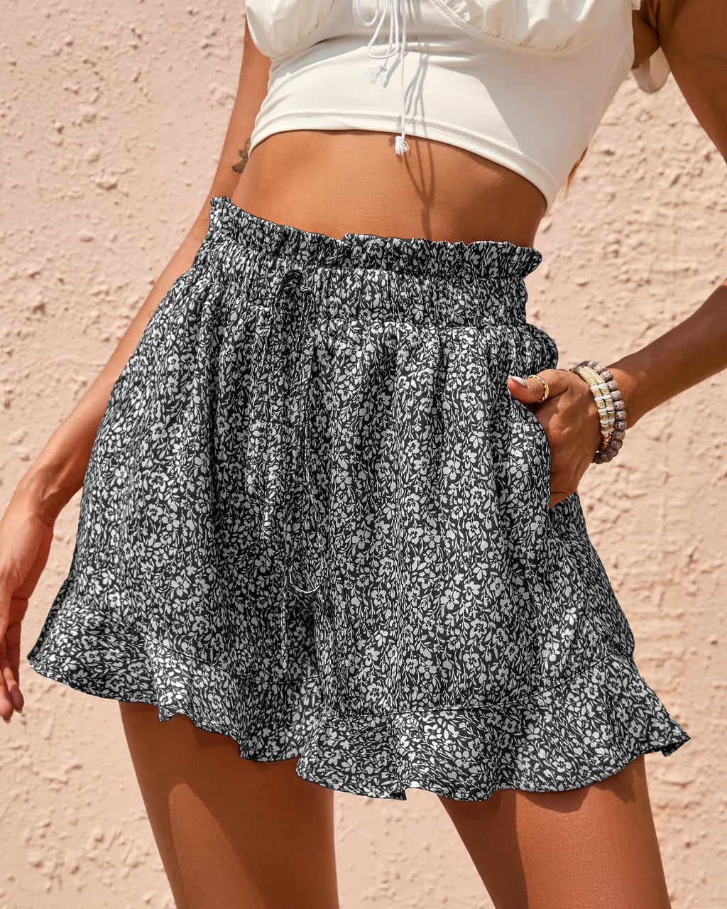 BTFBM Shorts for Women Spring Summer Beach Vacation Clothes Boho Floral Belted Casual Ruffle Short Pants Pocket Outfits