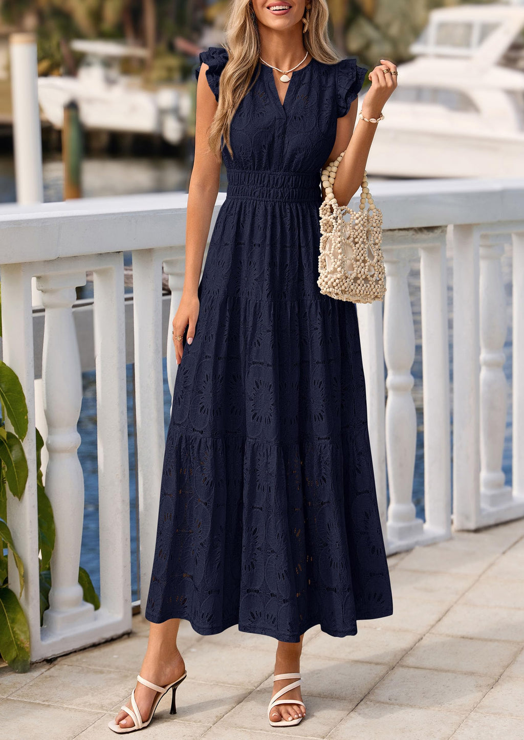 PRETTYGARDEN Womens Boho Maxi Dresses Summer Floral Lace Eyelet V Neck Spring Wedding Guest Dress Beach Vacation Clothes