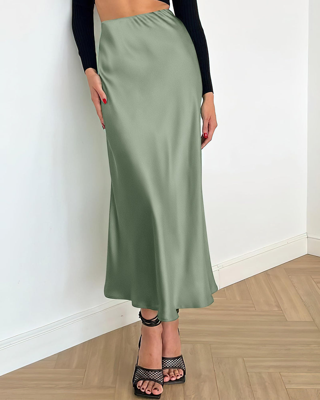 BTFBM Summer Womens Skirts Silk Elegant High Waist Flowy Long Satin A-Line Midi Skirt Cocktail Wedding Party