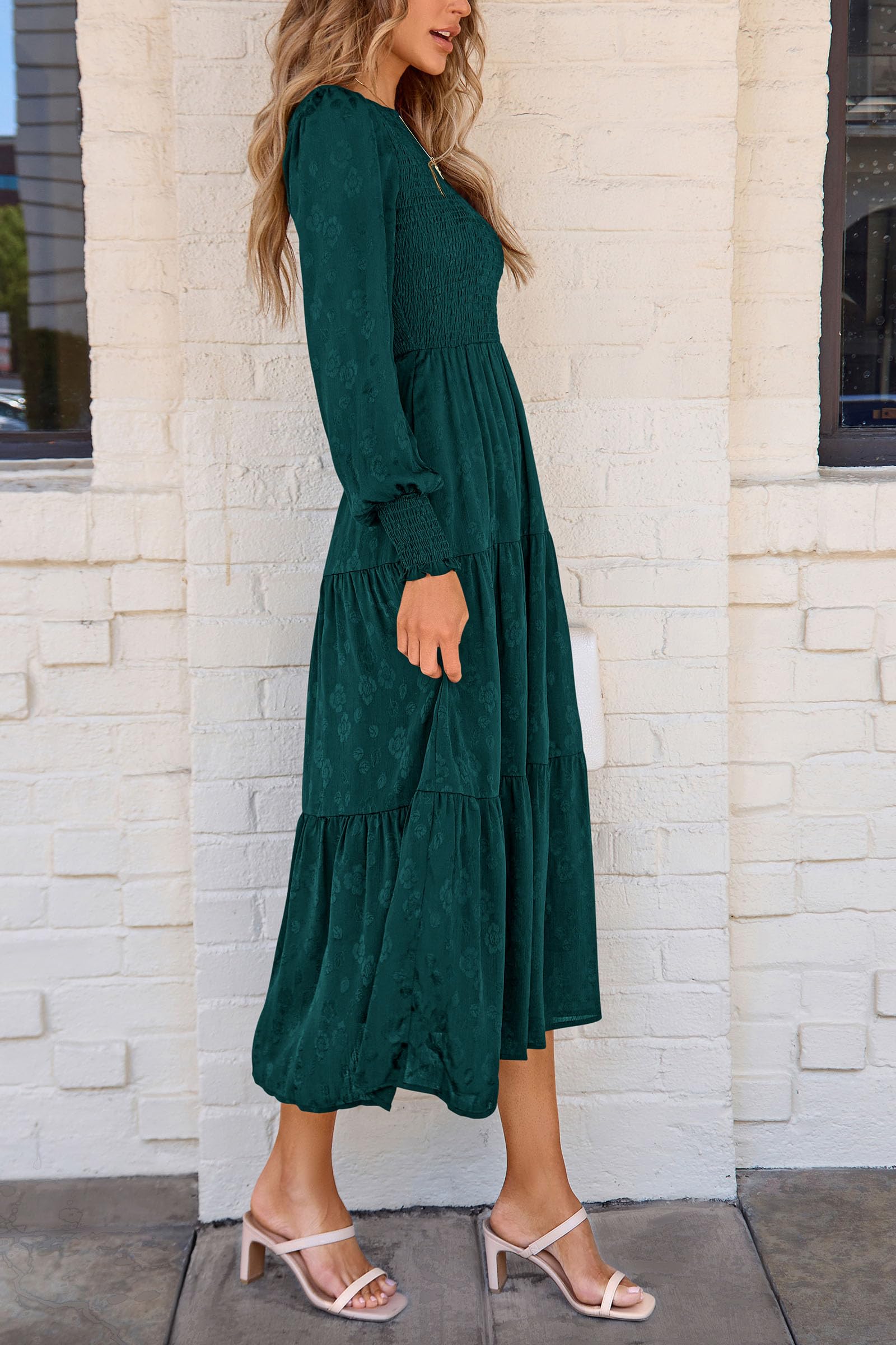 PRETTYGARDEN Women's Fall Spring Midi Dress Long Sleeve Floral Smocked Elegant Wedding Guest Long Flowy Dresses with Pockets