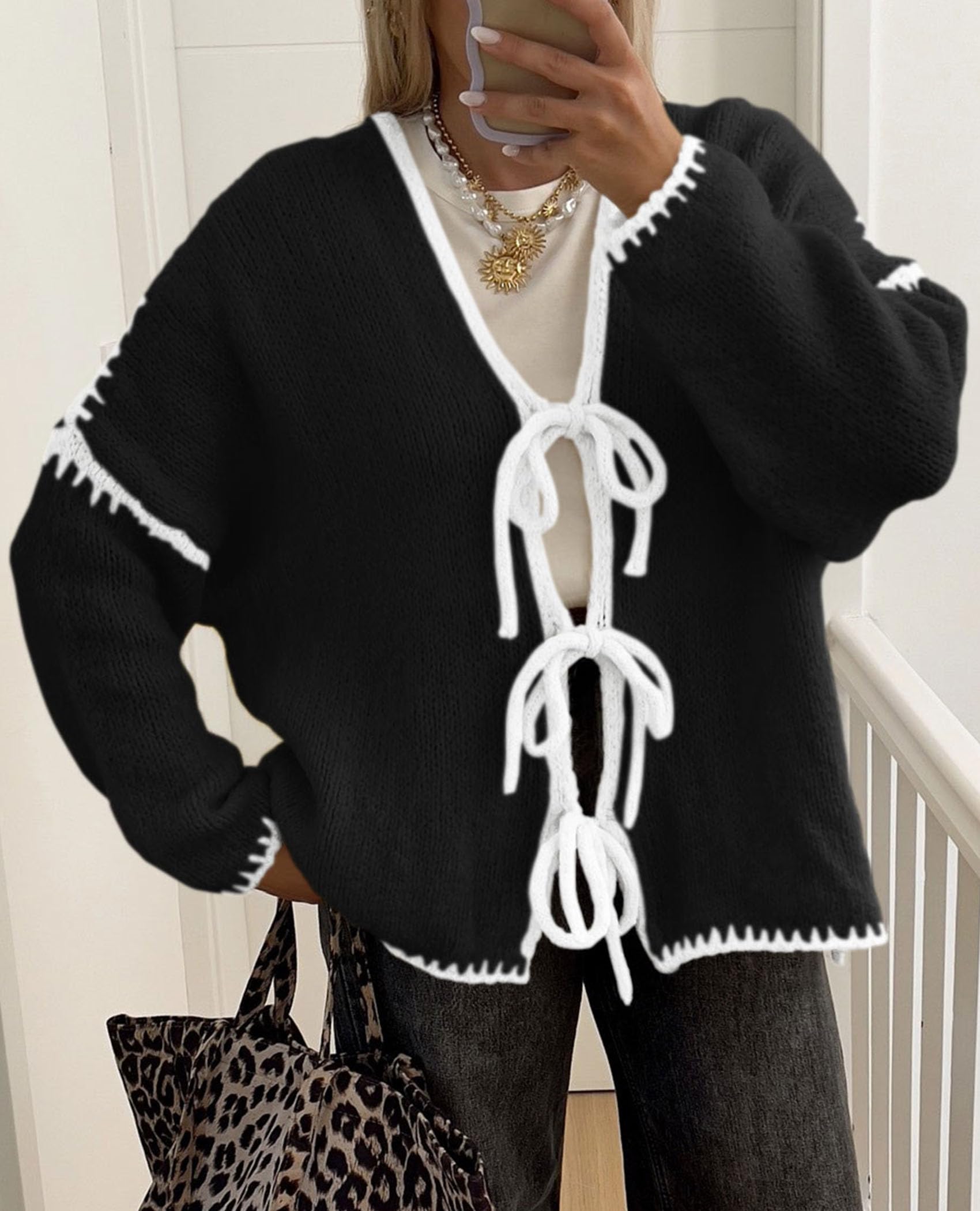 PRETTYGARDEN Women's Tie Front Bow Cardigan Sweaters Chunky Knit Long Puff Sleeve Trendy Fall Winter Jacket Coat