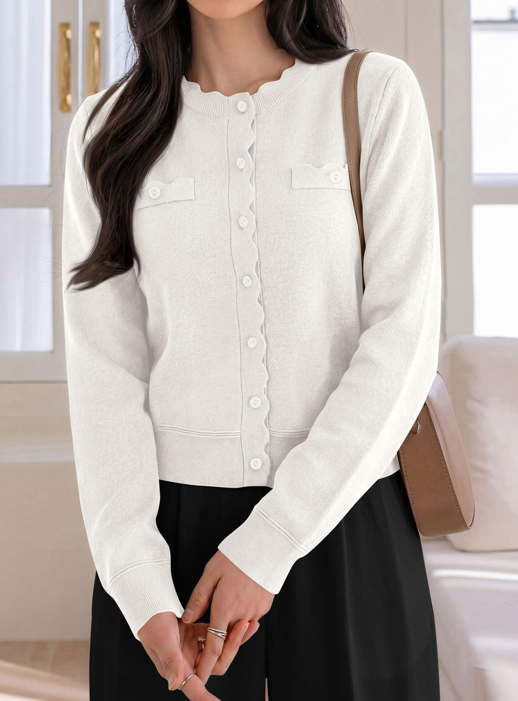 PRETTYGARDEN Cardigan Sweaters for Women Scalloped Button Up Fall Outfits Soft Knit Long Sleeve Knit Tops,Crew Neck,Business Casual Outfits,Office Work Lightweight Sweater,Layers Clothes