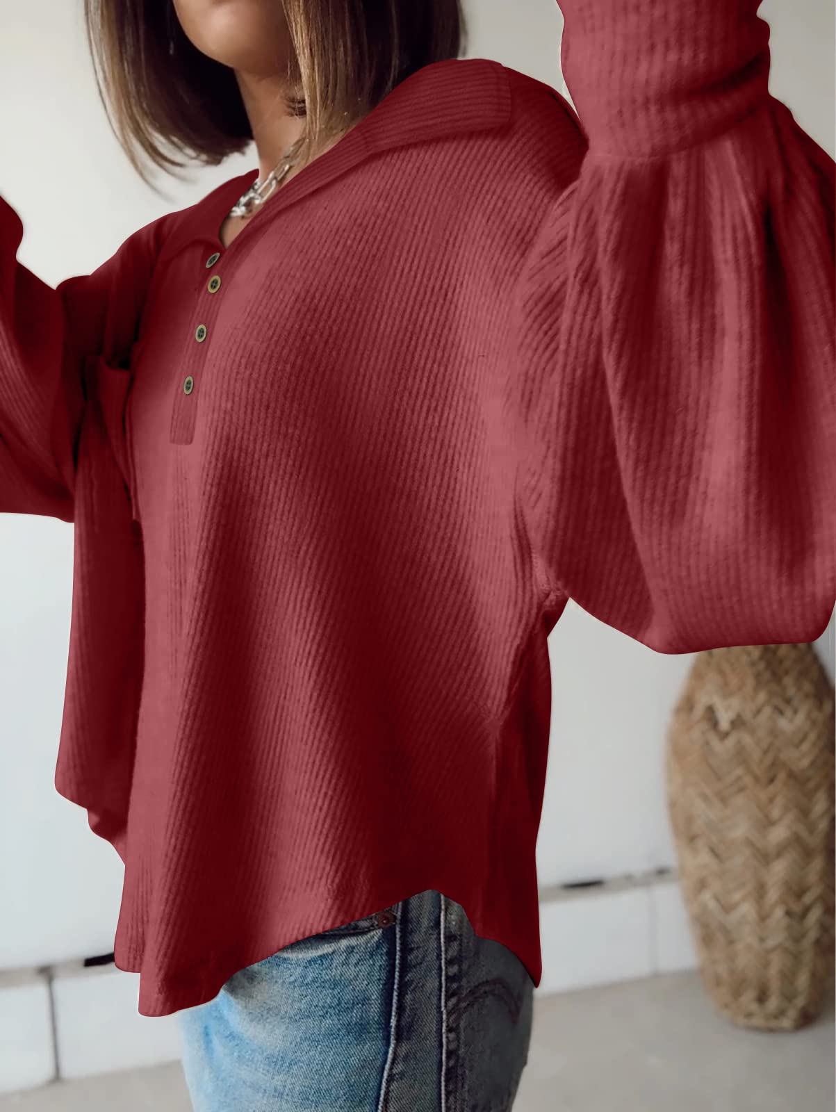BTFBM Womens Fall Fashion Long Sleeve Shirts Casual V Neck Ribbed Knit Blouses Pullover Trendy Loose Fit Tunic Tops